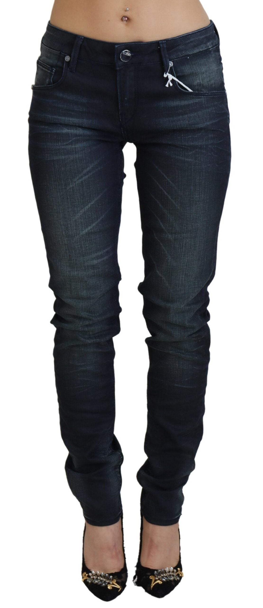 Acht blauw gewassen, smalle, lage taille jeans van katoen