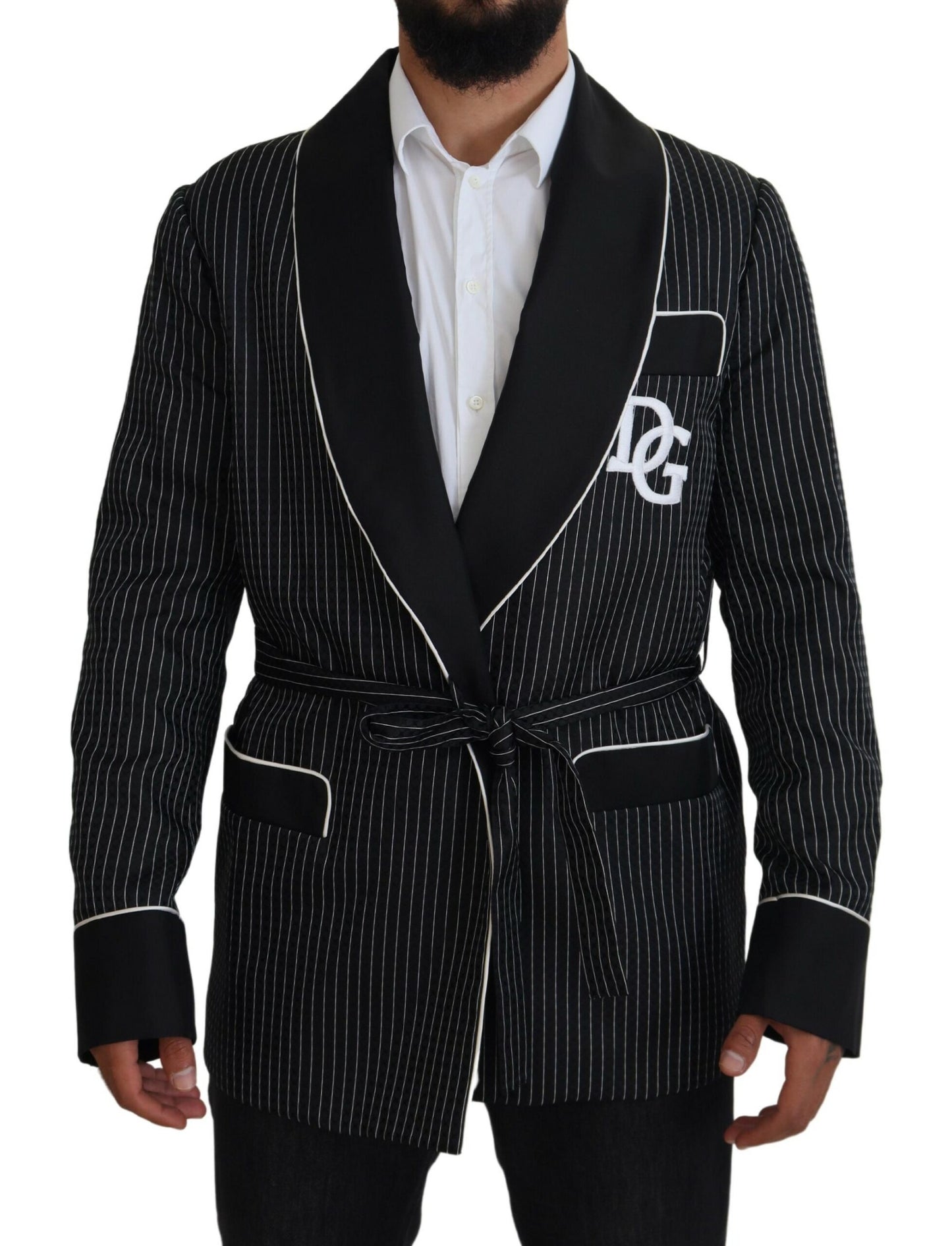 Dolce & Gabbana Zwarte Robe Gestreepte DG Patch Jas Heren Blazer
