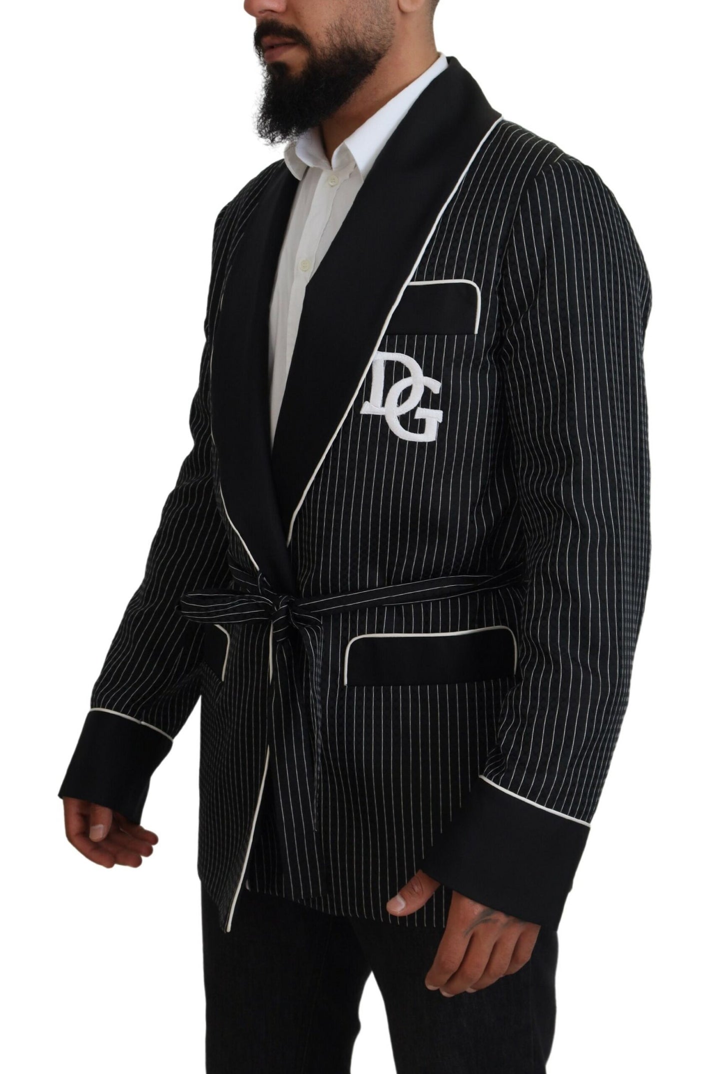 Dolce & Gabbana Zwarte Robe Gestreepte DG Patch Jas Heren Blazer