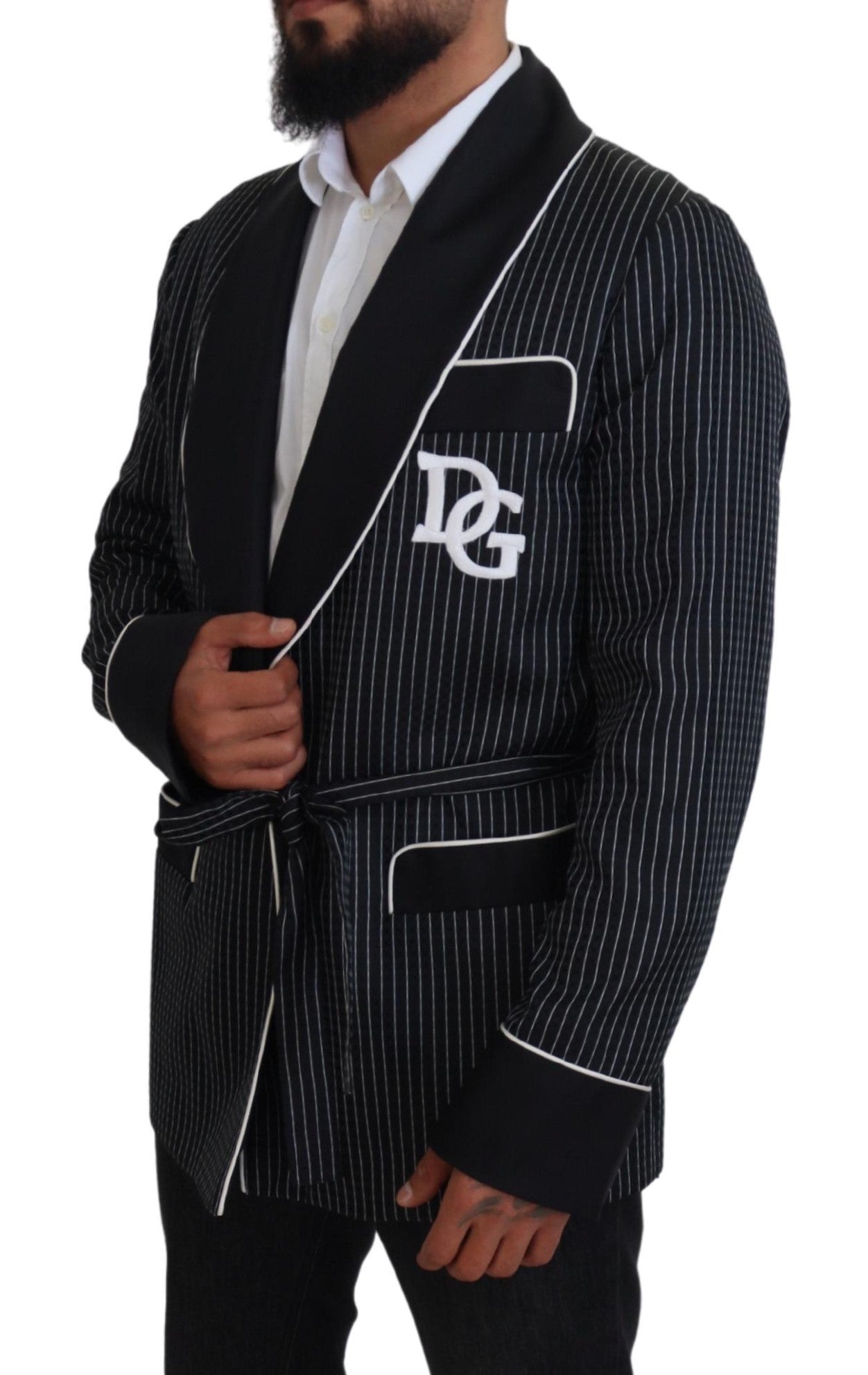 Dolce & Gabbana Zwarte Robe Gestreepte DG Patch Jas Heren Blazer