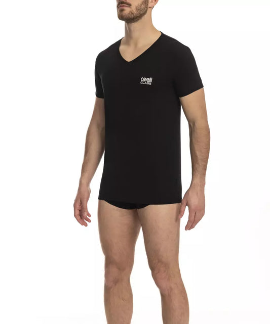 Cavalli Class "Zwart katoenen heren T-shirt met V-hals"