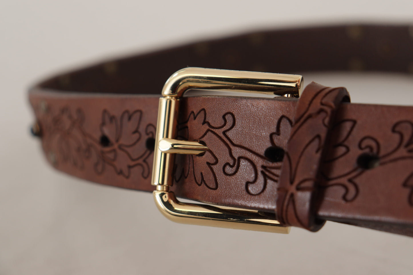 Dolce & Gabbana Bruine Leren Riem met Bloemenprint en Metalen Gesp