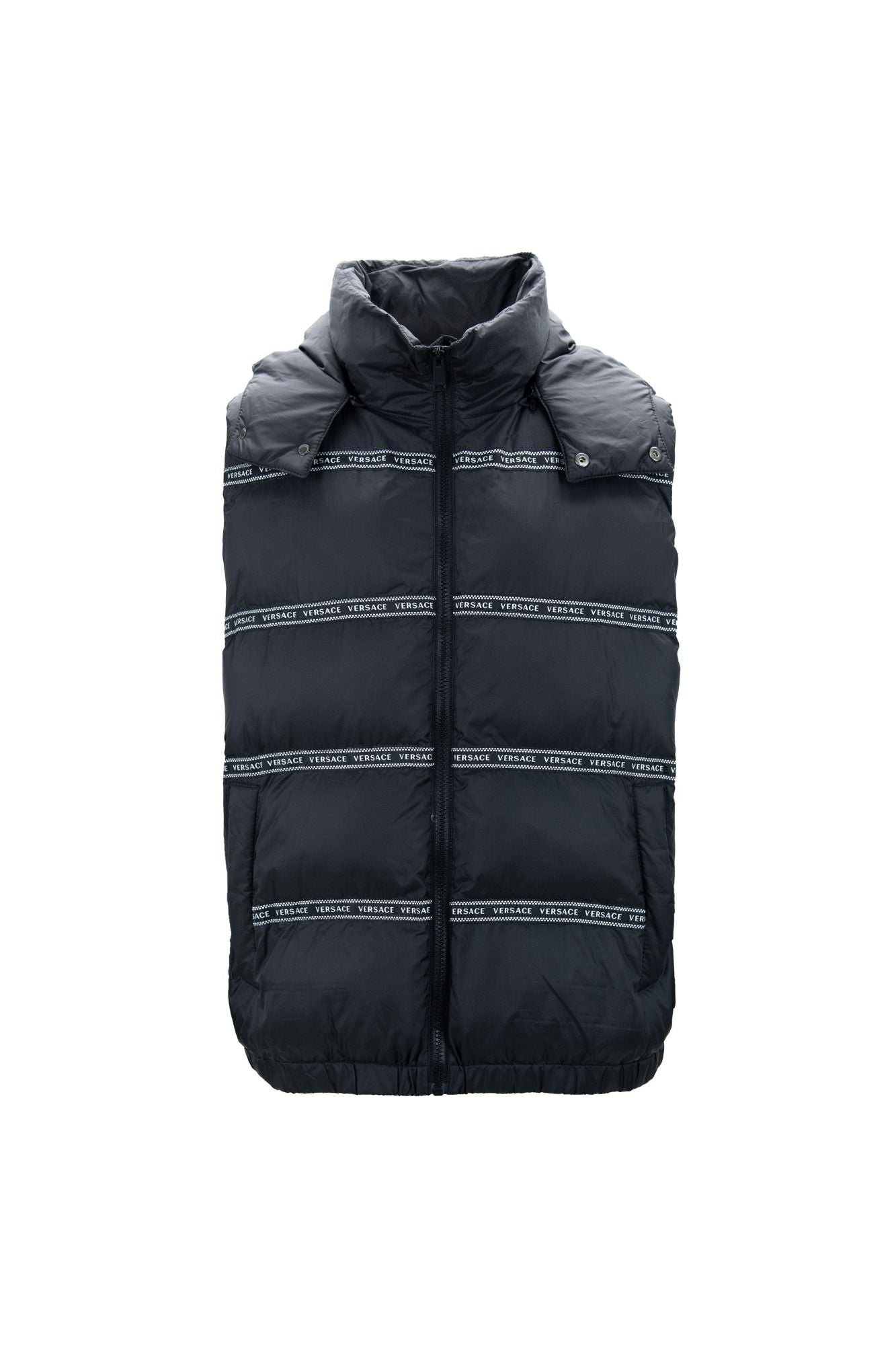 Versace Elegant Vest met Logo-Band in Zwart en Afneembare Kap