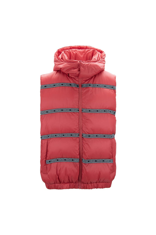 Elegant rood Versace vest met logo en afneembare capuchon