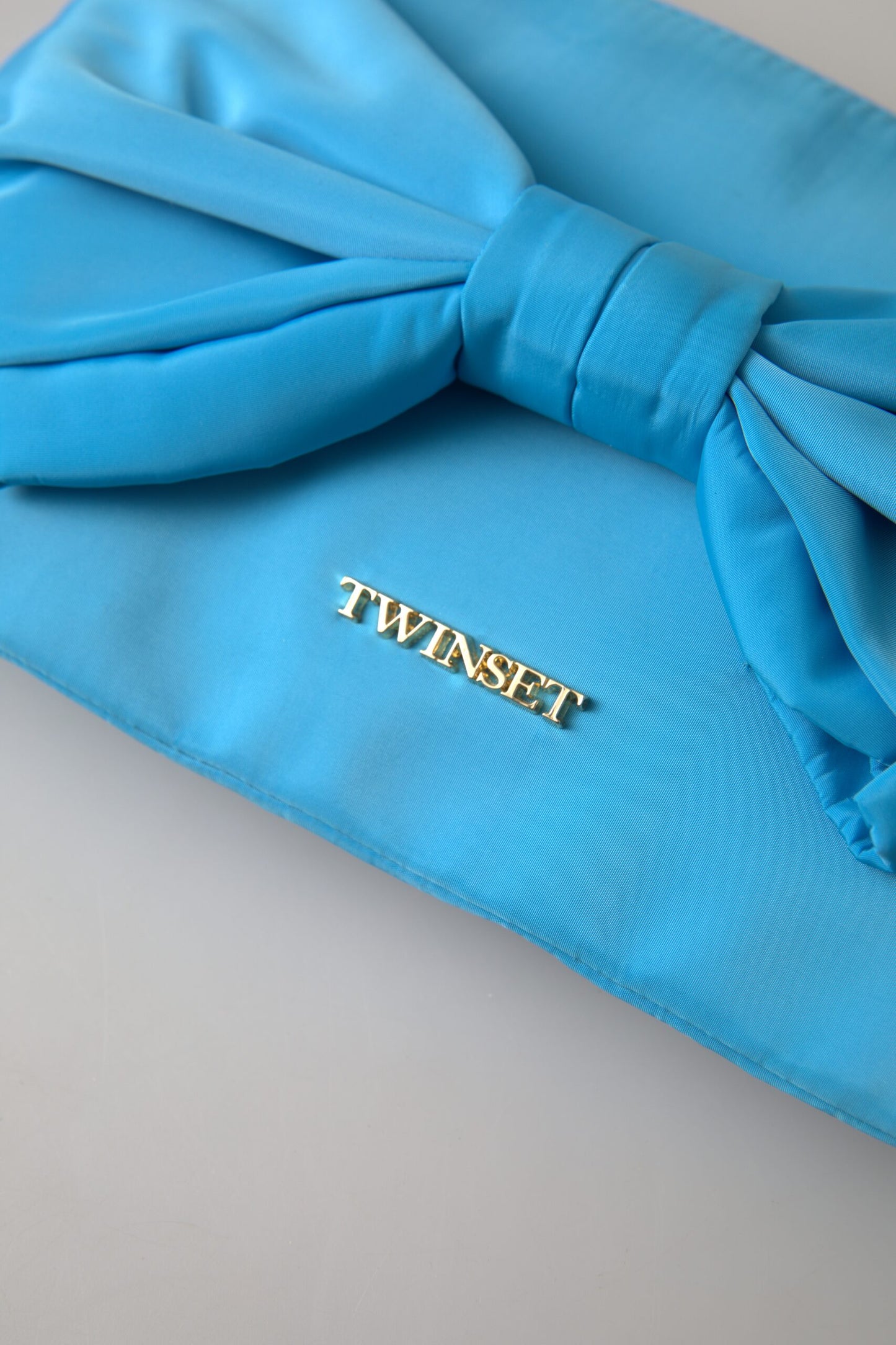 Pochette Twinset en tafta bleu et soie avec grand nœud et fermeture éclair pour femme, sac à logo Borse