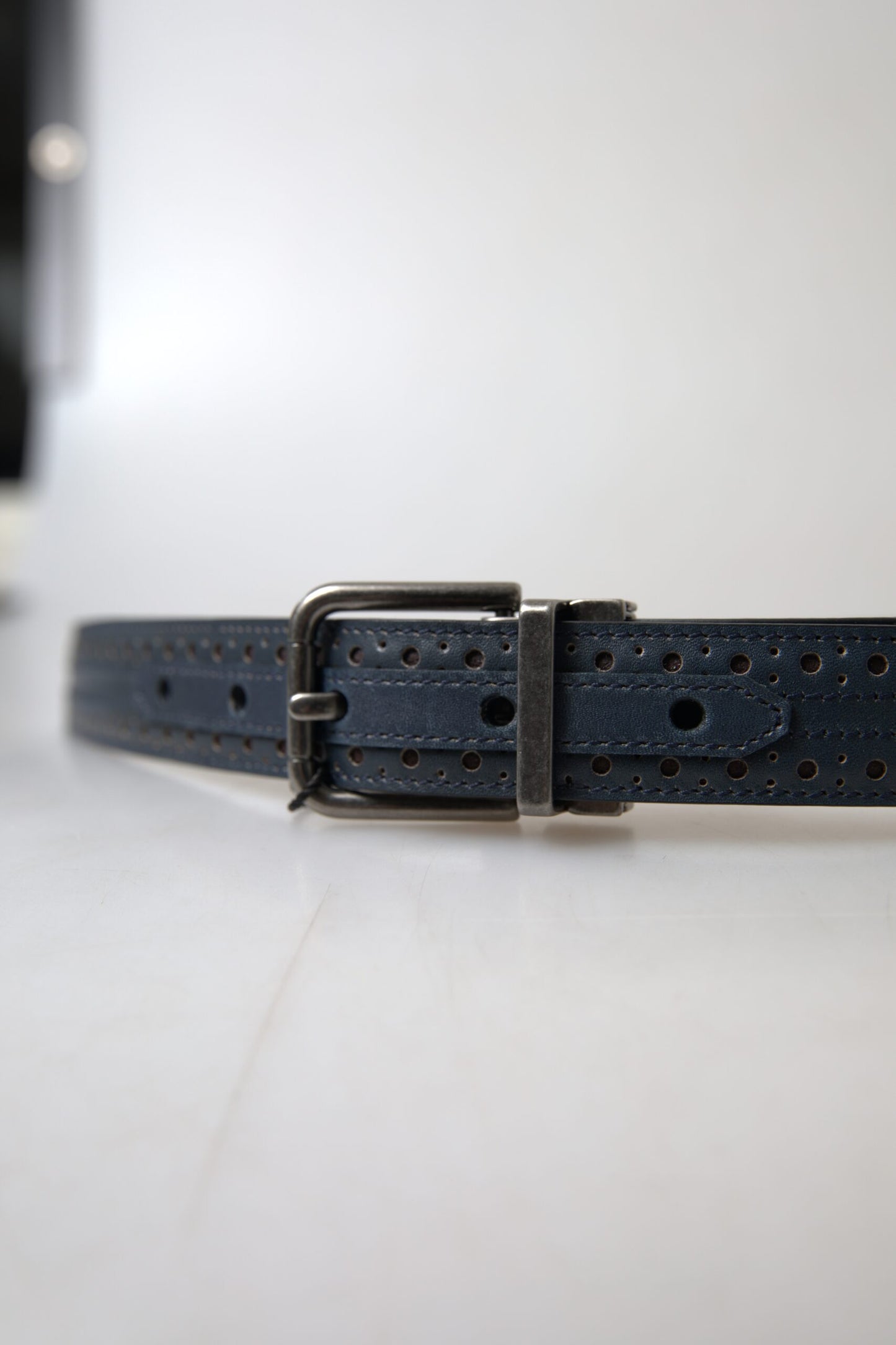 Dolce & Gabbana blauwe leren riem met geperforeerde metalen gesp