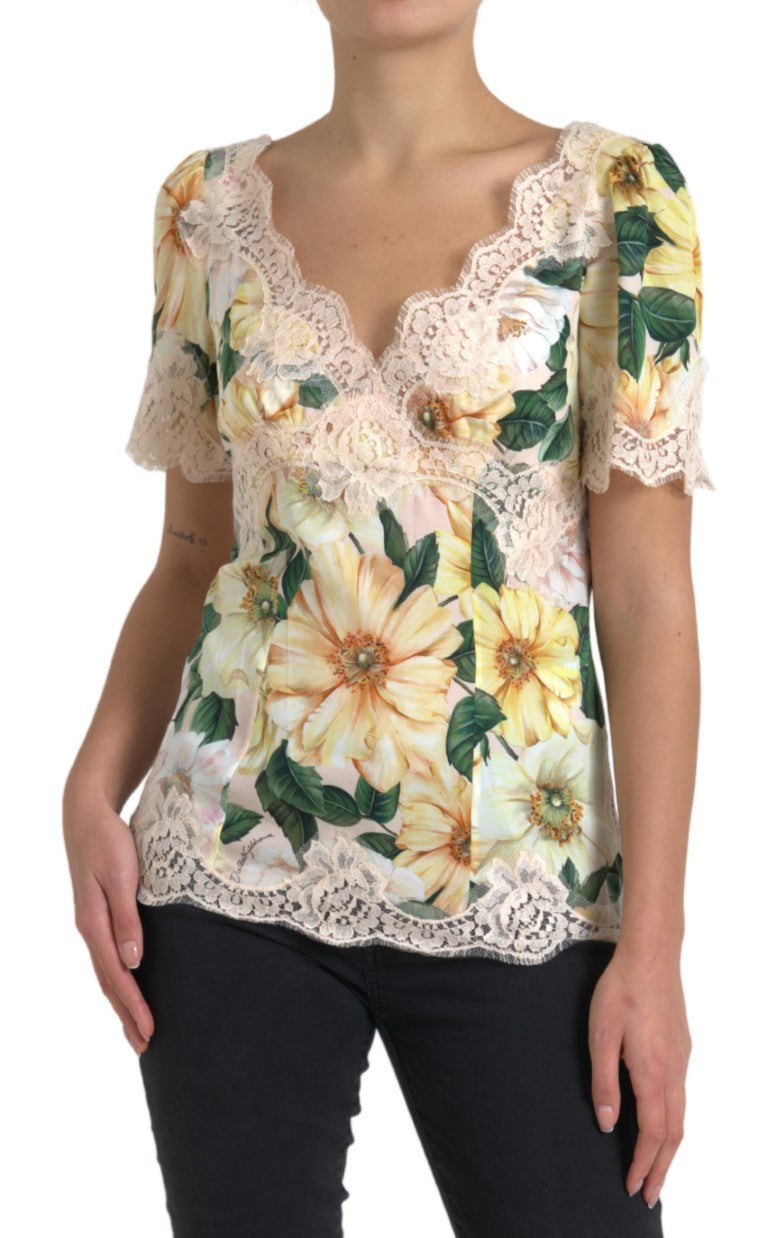 Blouse à col en V en dentelle florale multicolore de Dolce & Gabbana