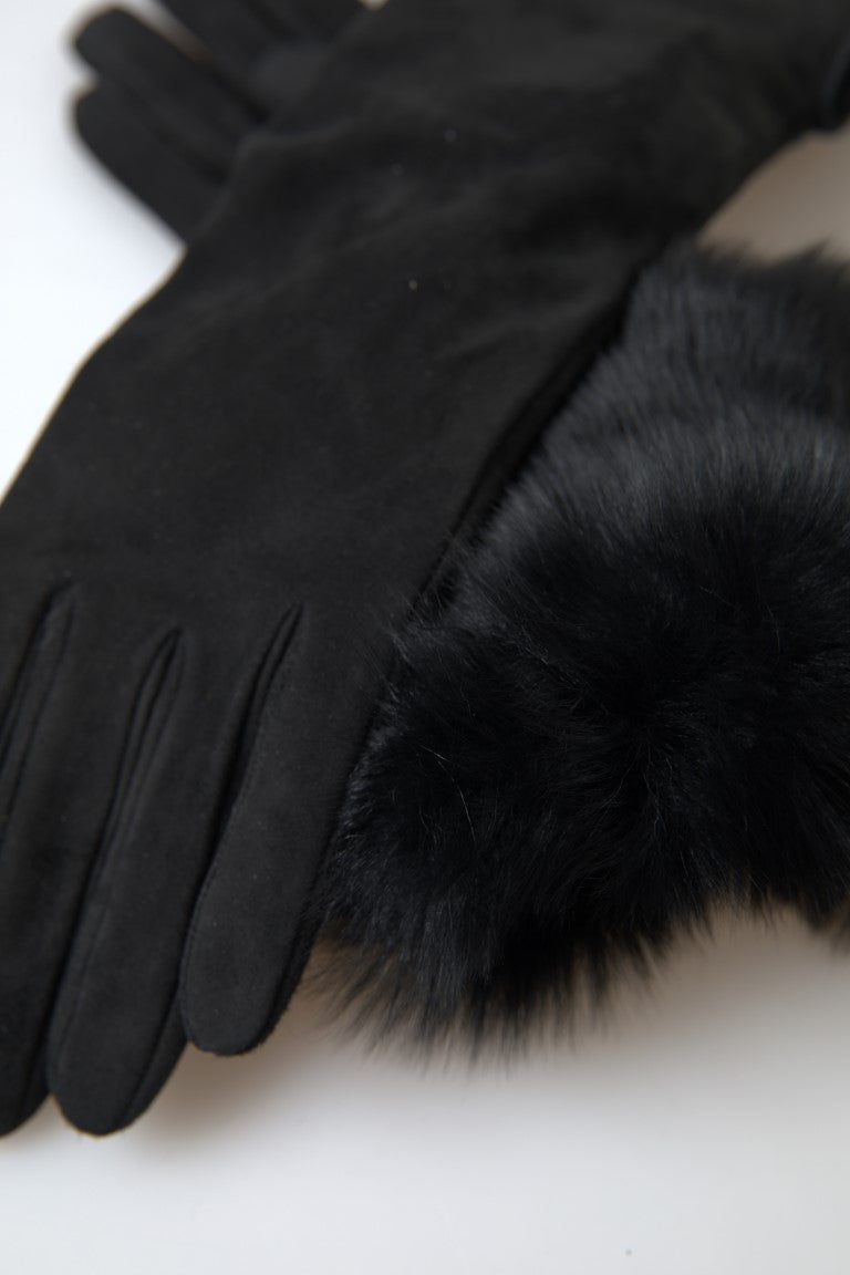 Dolce & Gabbana Zwarte Leren Bont Ellebooglange Handschoenen