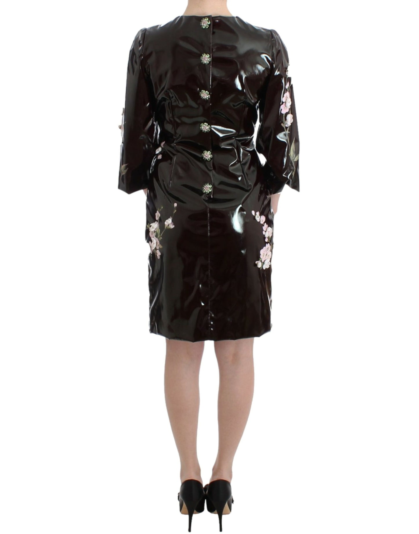 Robe noire en cuir verni à motifs floraux PEINT À LA MAIN de Dolce & Gabbana