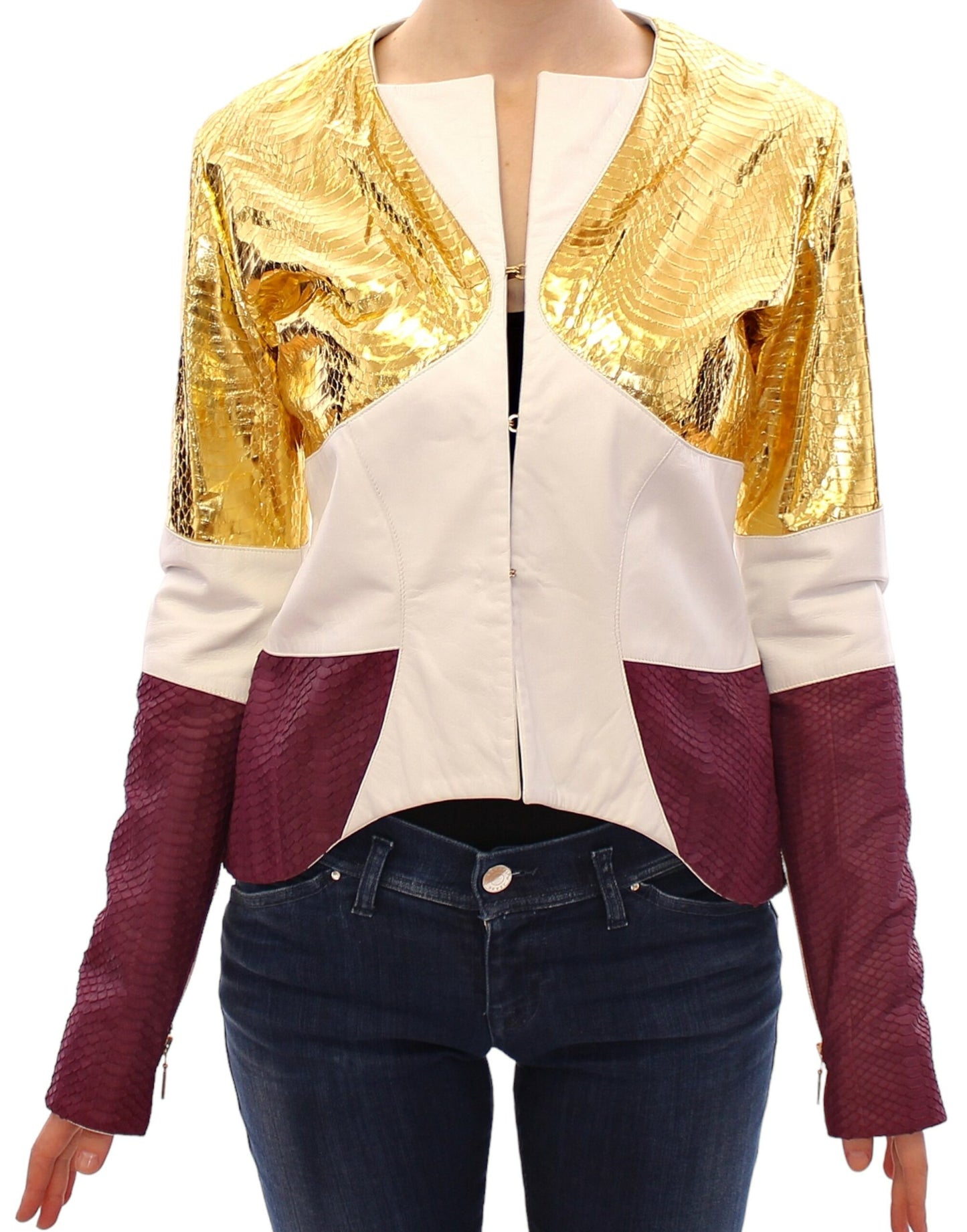 Veste en cuir violet, or et blanc de Vladimiro Gioia