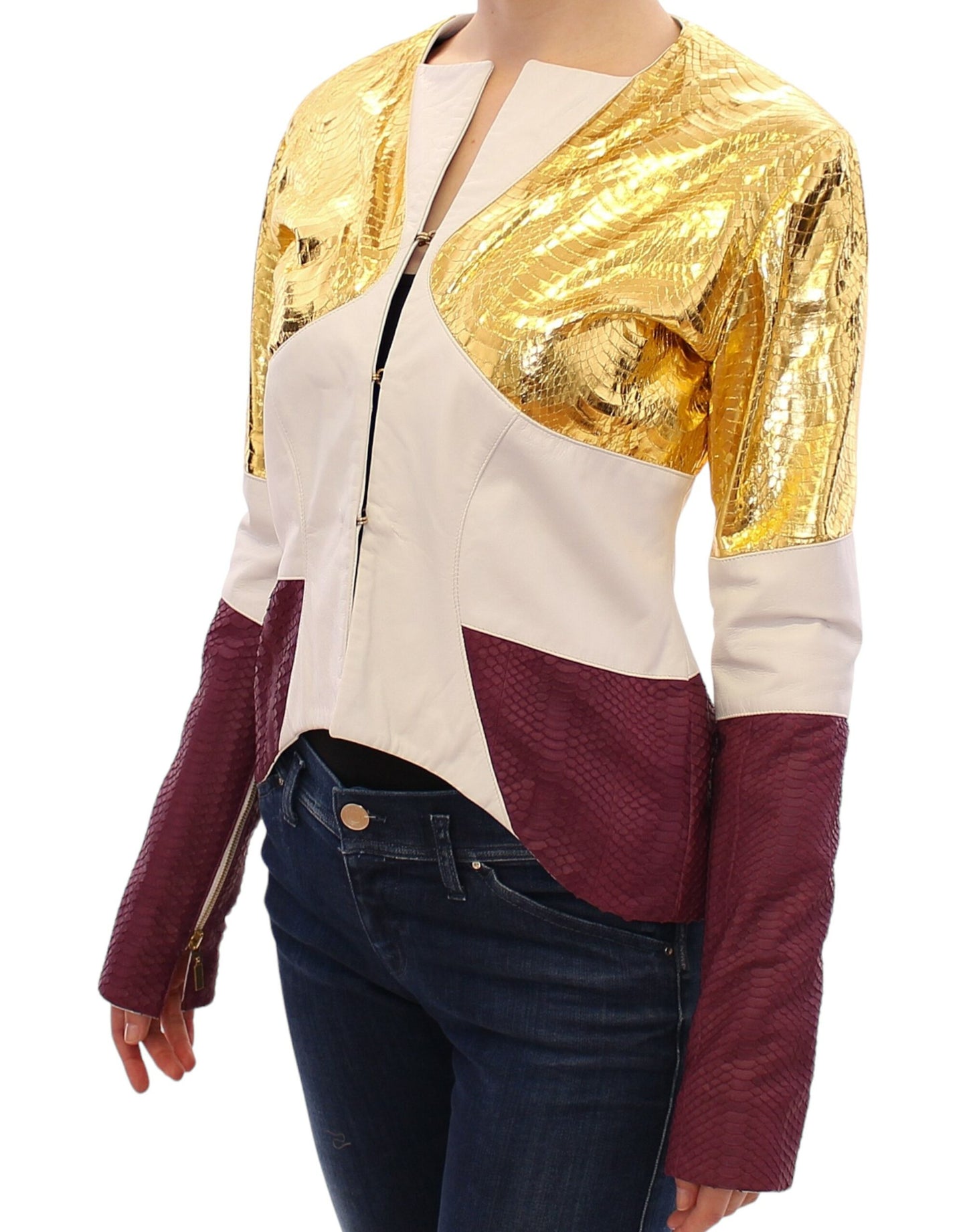 Veste en cuir violet, or et blanc de Vladimiro Gioia
