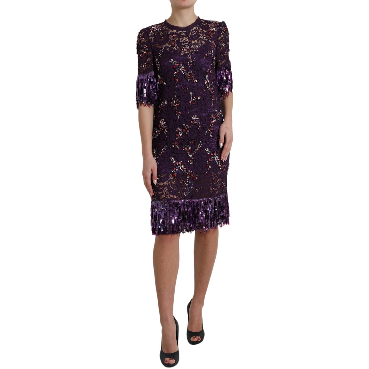 Robe en dentelle violette à motifs floraux, incrustée de cristaux, Dolce & Gabbana