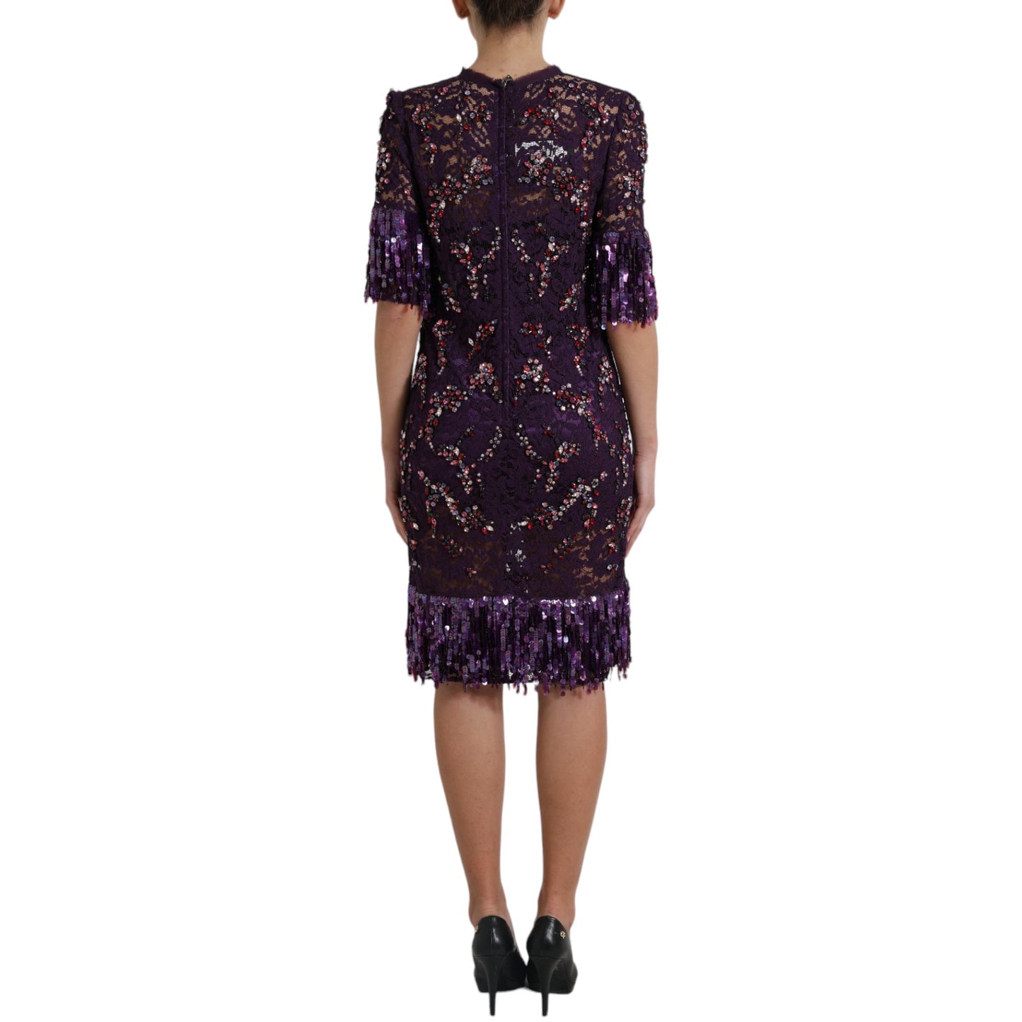 Robe en dentelle violette à motifs floraux, incrustée de cristaux, Dolce & Gabbana