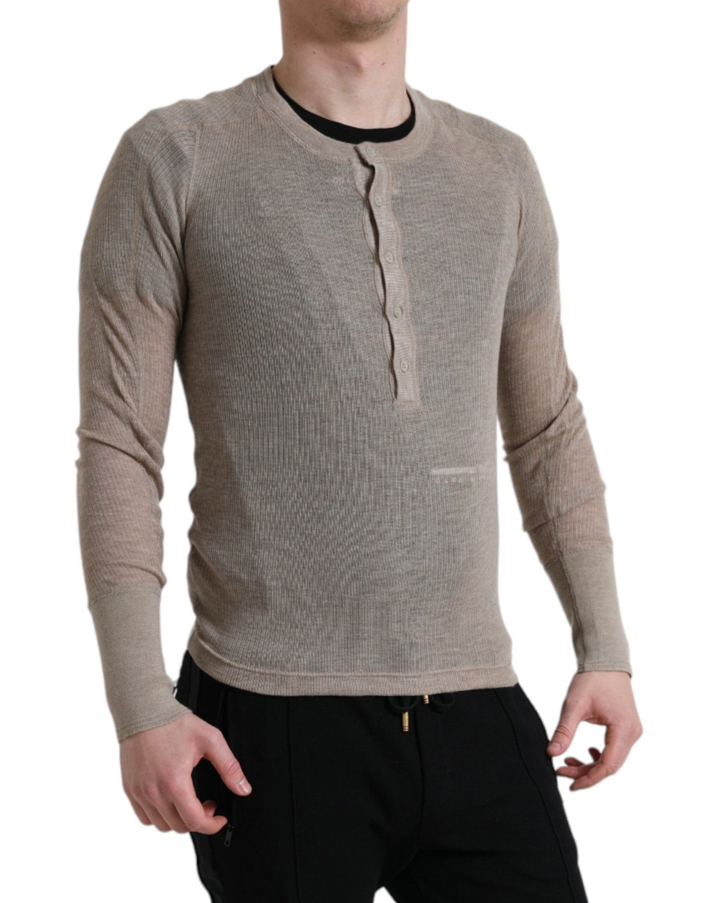 Pull en cachemire beige à col Henley de Dolce & Gabbana