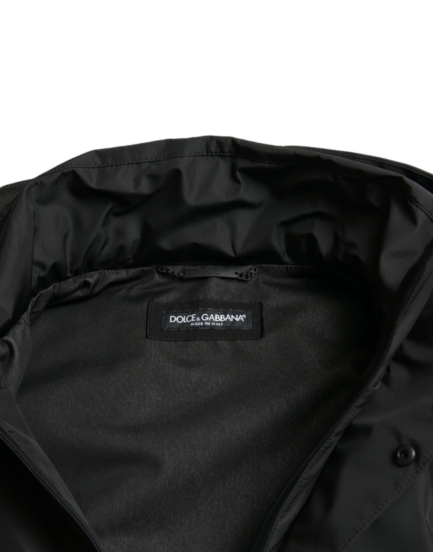 Dolce & Gabbana zwarte polyester jas met logo-plaatje en capuchon
