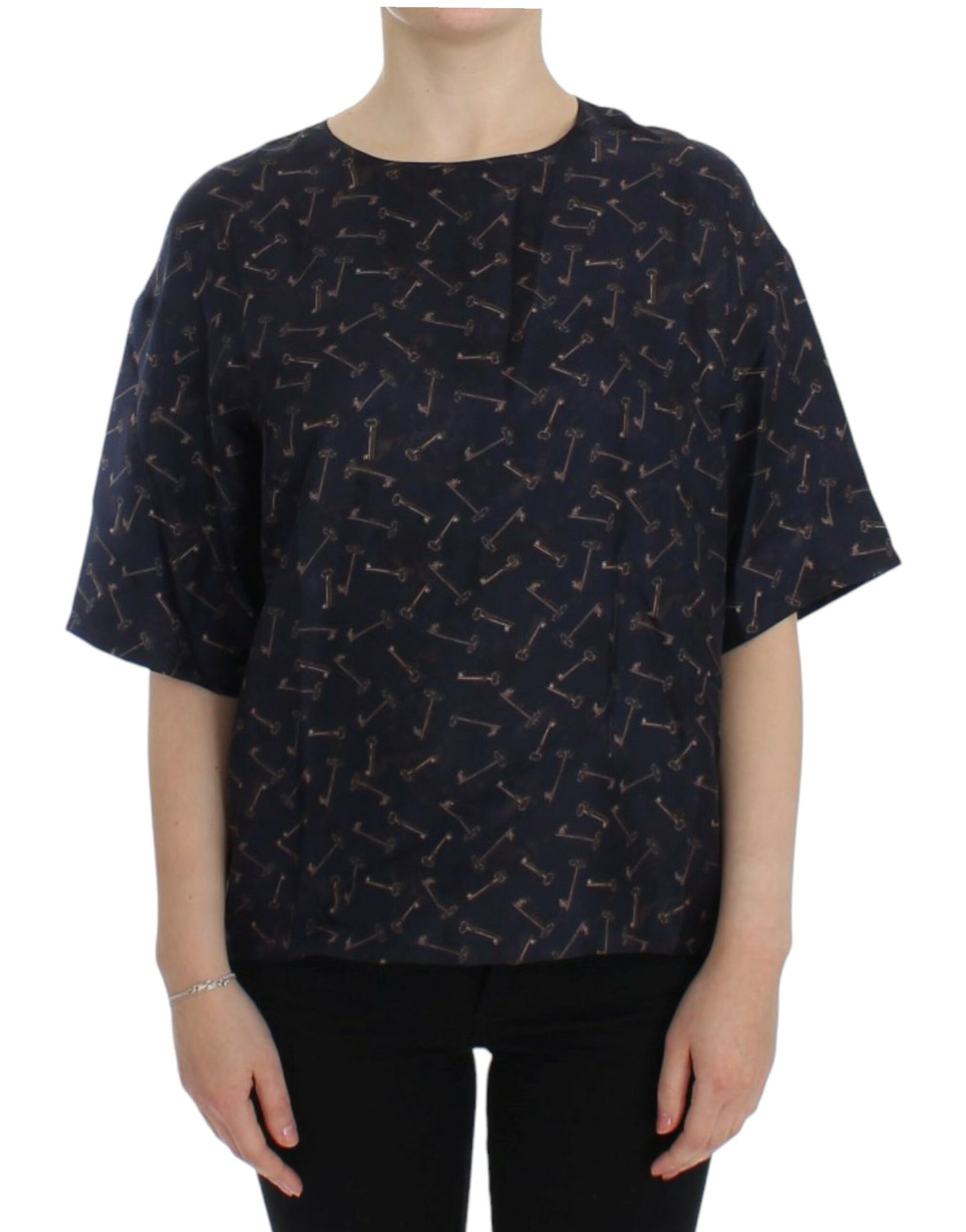 Blouse en soie Dolce & Gabbana bleu or à imprimé de clefs