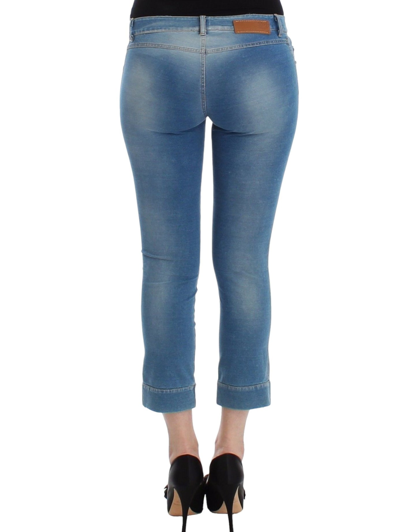 Ermanno Scervino strandkleding, blauwe jeans, capri broek, cropped.