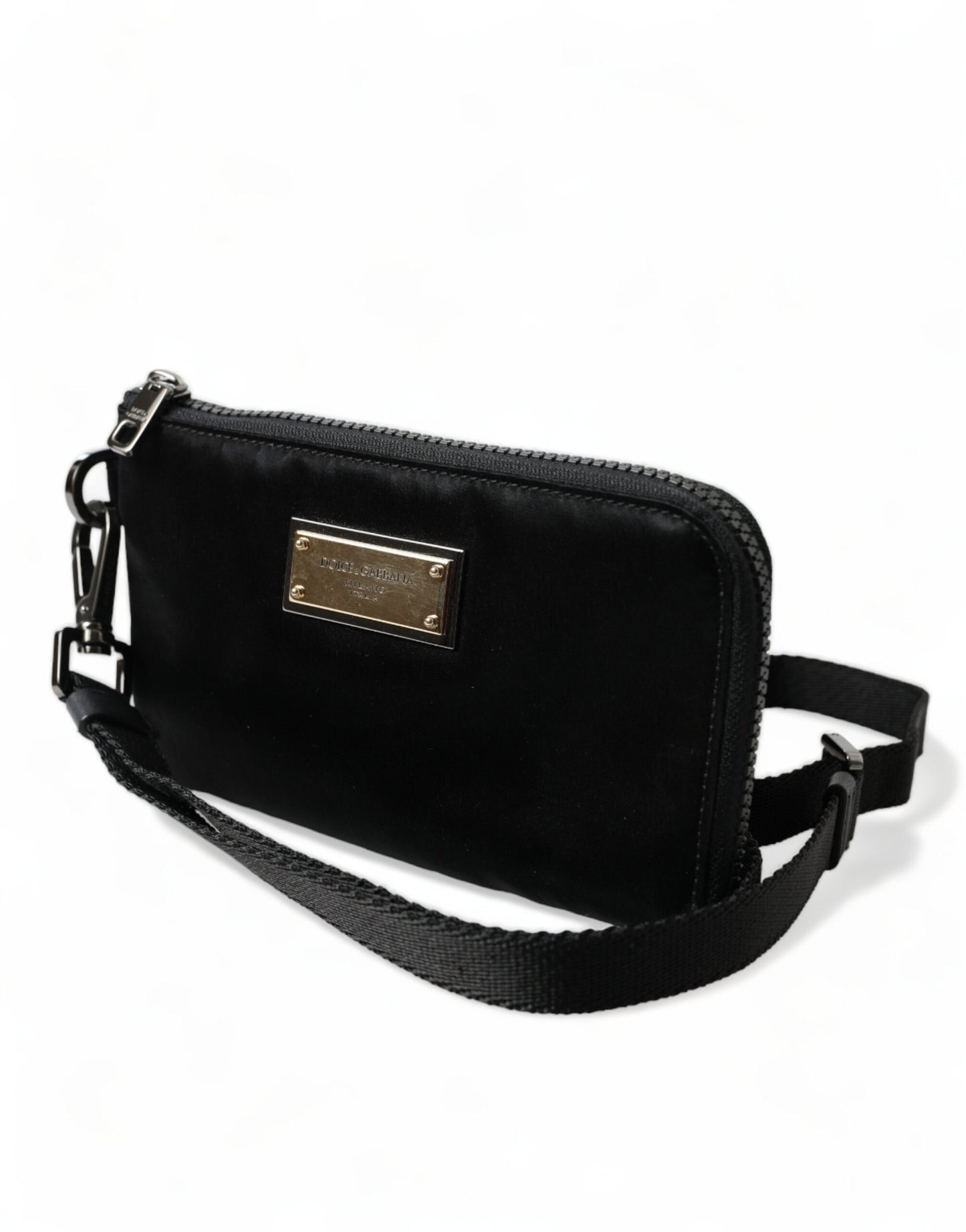 Dolce & Gabbana zwarte nylon logo plaque sleutelhanger clutch tas