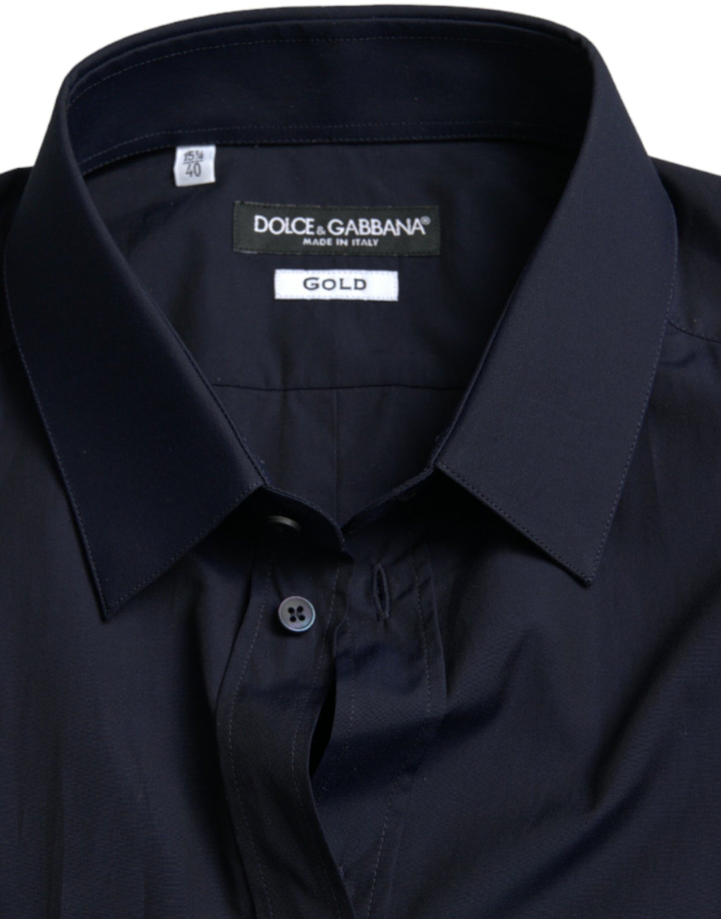 Chemise habillée formelle à manches longues, bleu marine, coupe ajustée, dorée, Dolce & Gabbana.