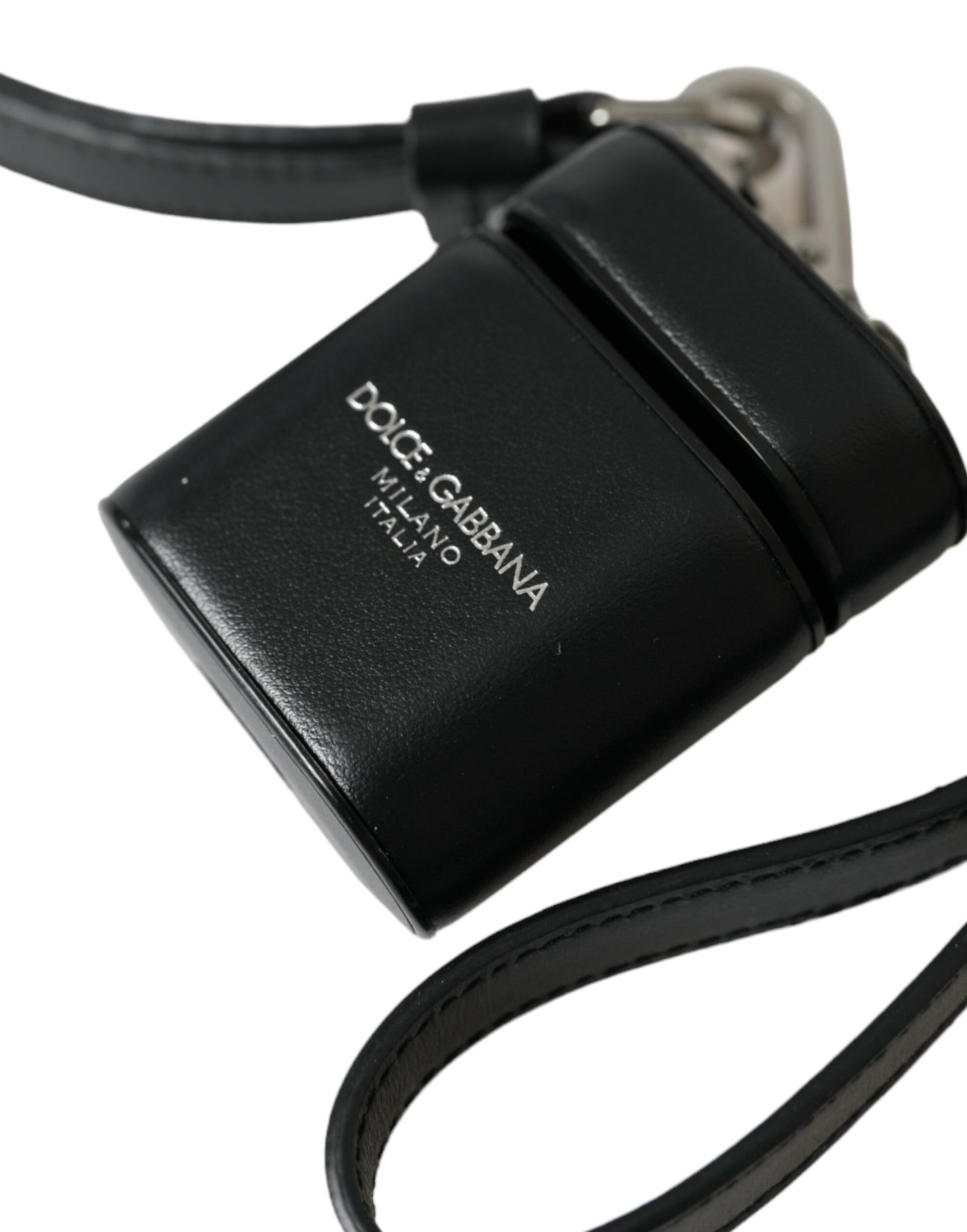 Dolce & Gabbana Zwarte leren band Zilverkleurige metalen logo-bedrukte Airpods-hoes