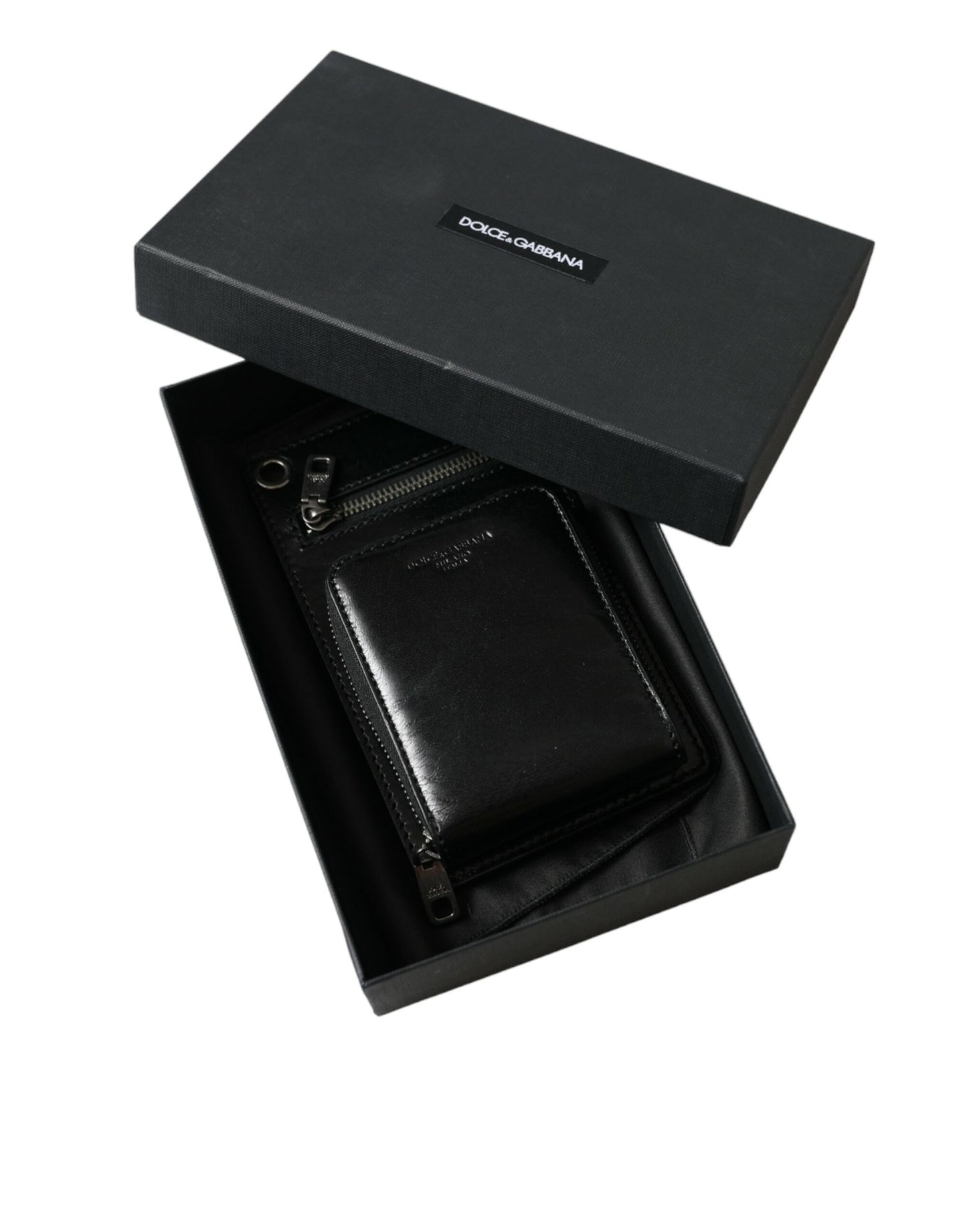 Portefeuille Dolce & Gabbana en cuir de cheval noir avec fermeture éclair et logo, compartiment pour téléphone