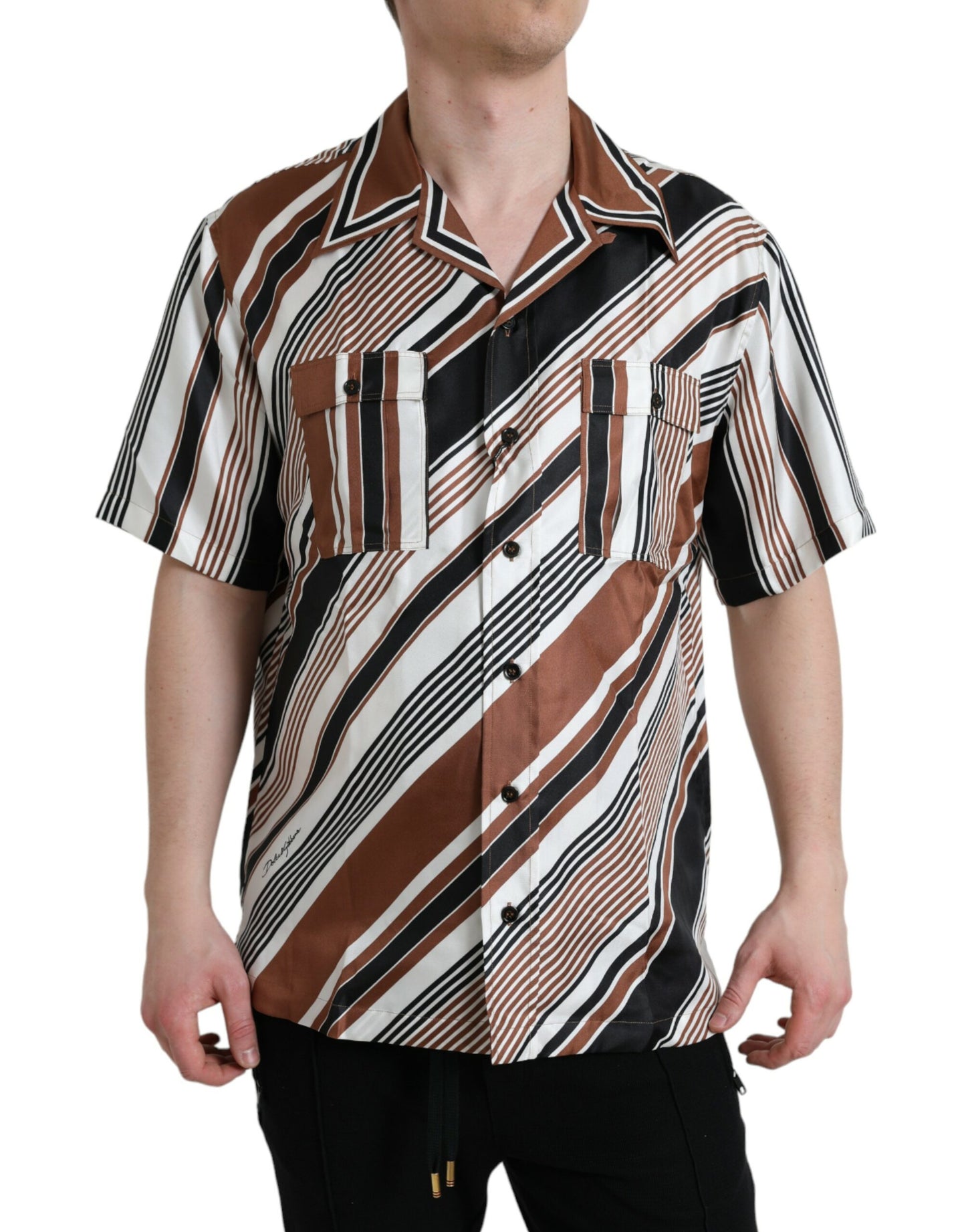 Chemise à manches courtes en soie rayée brun et blanc de Dolce & Gabbana