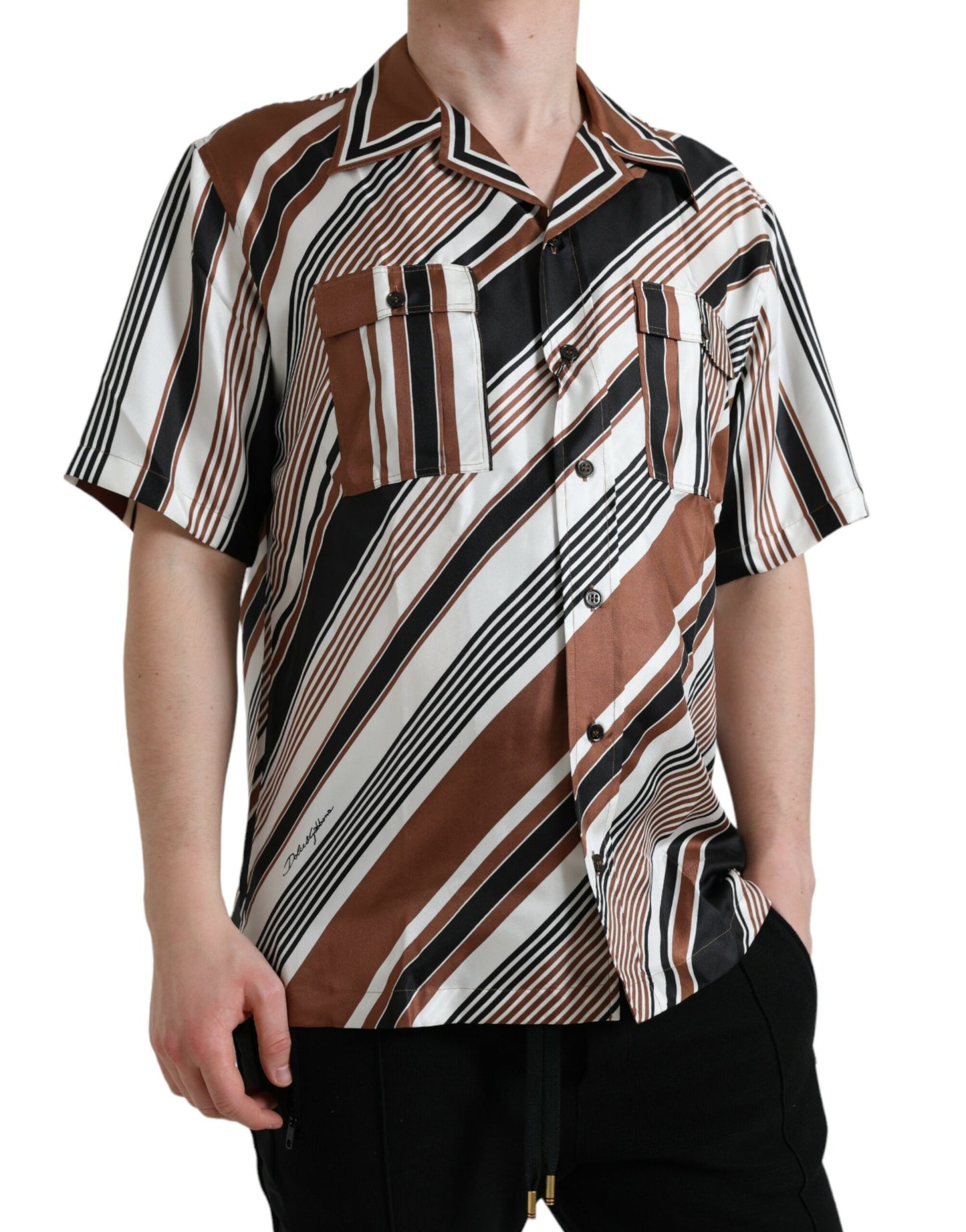 Chemise à manches courtes en soie rayée brun et blanc de Dolce & Gabbana