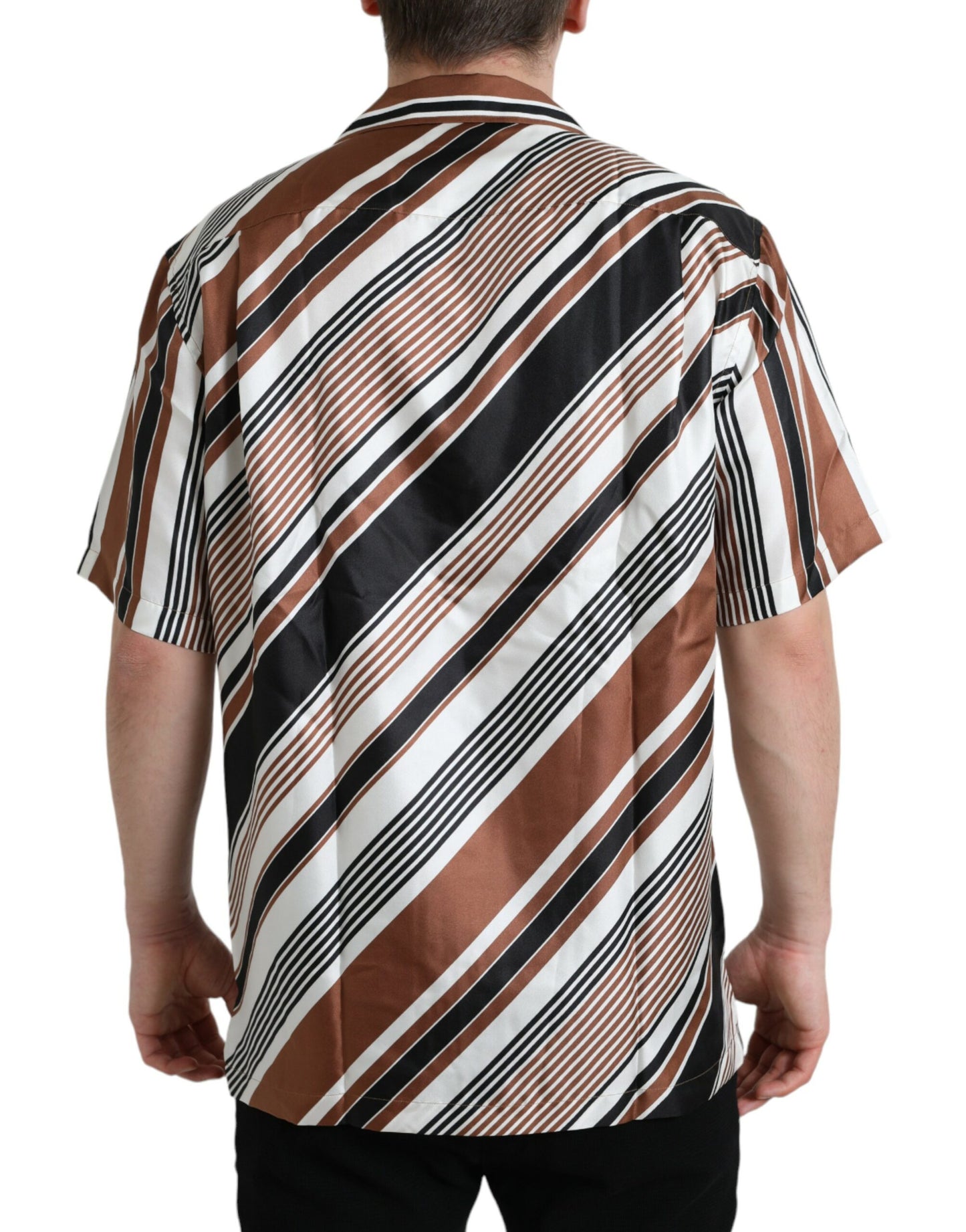 Chemise à manches courtes en soie rayée brun et blanc de Dolce & Gabbana