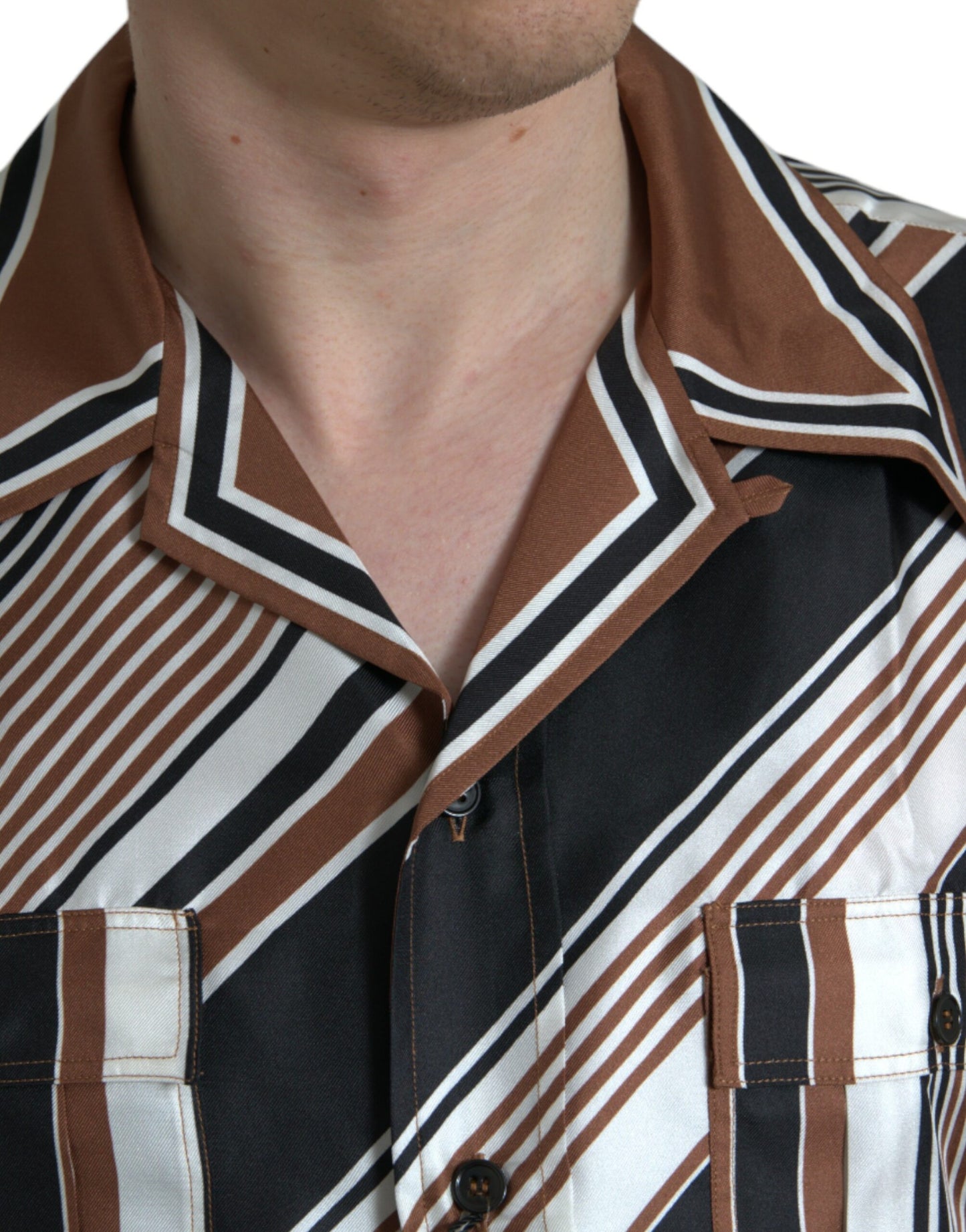 Chemise à manches courtes en soie rayée brun et blanc de Dolce & Gabbana