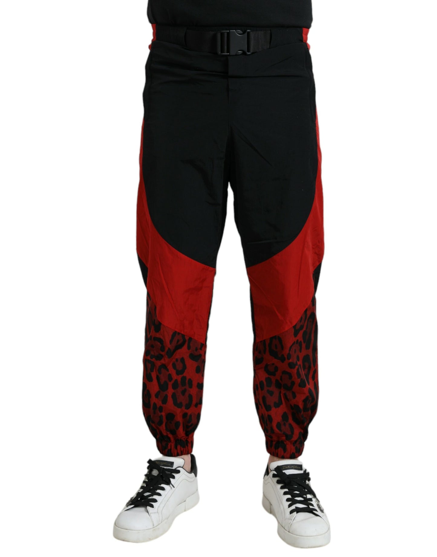 Pantalons de jogging en nylon à imprimé léopard noir et rouge de Dolce & Gabbana