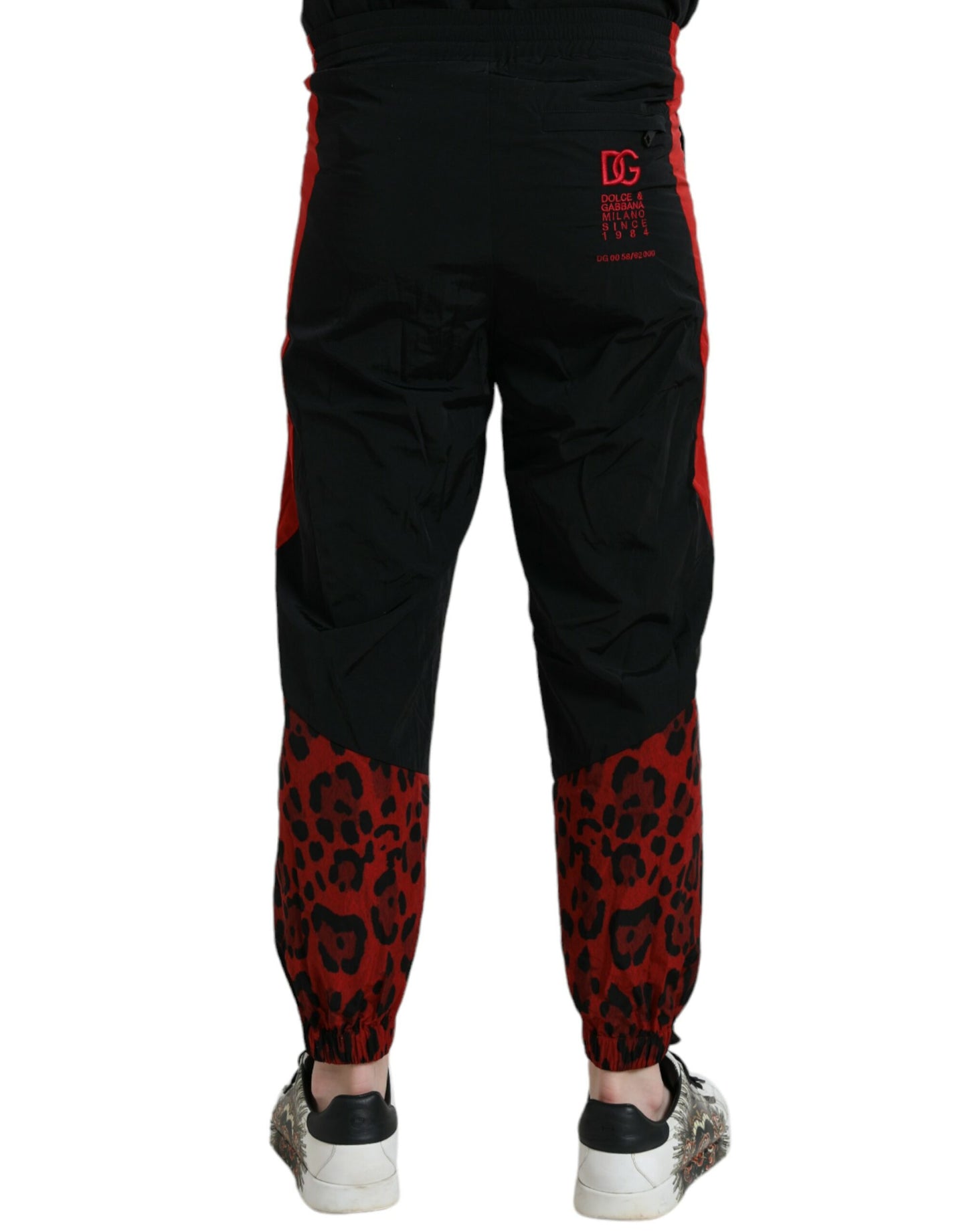 Pantalons de jogging en nylon à imprimé léopard noir et rouge de Dolce & Gabbana