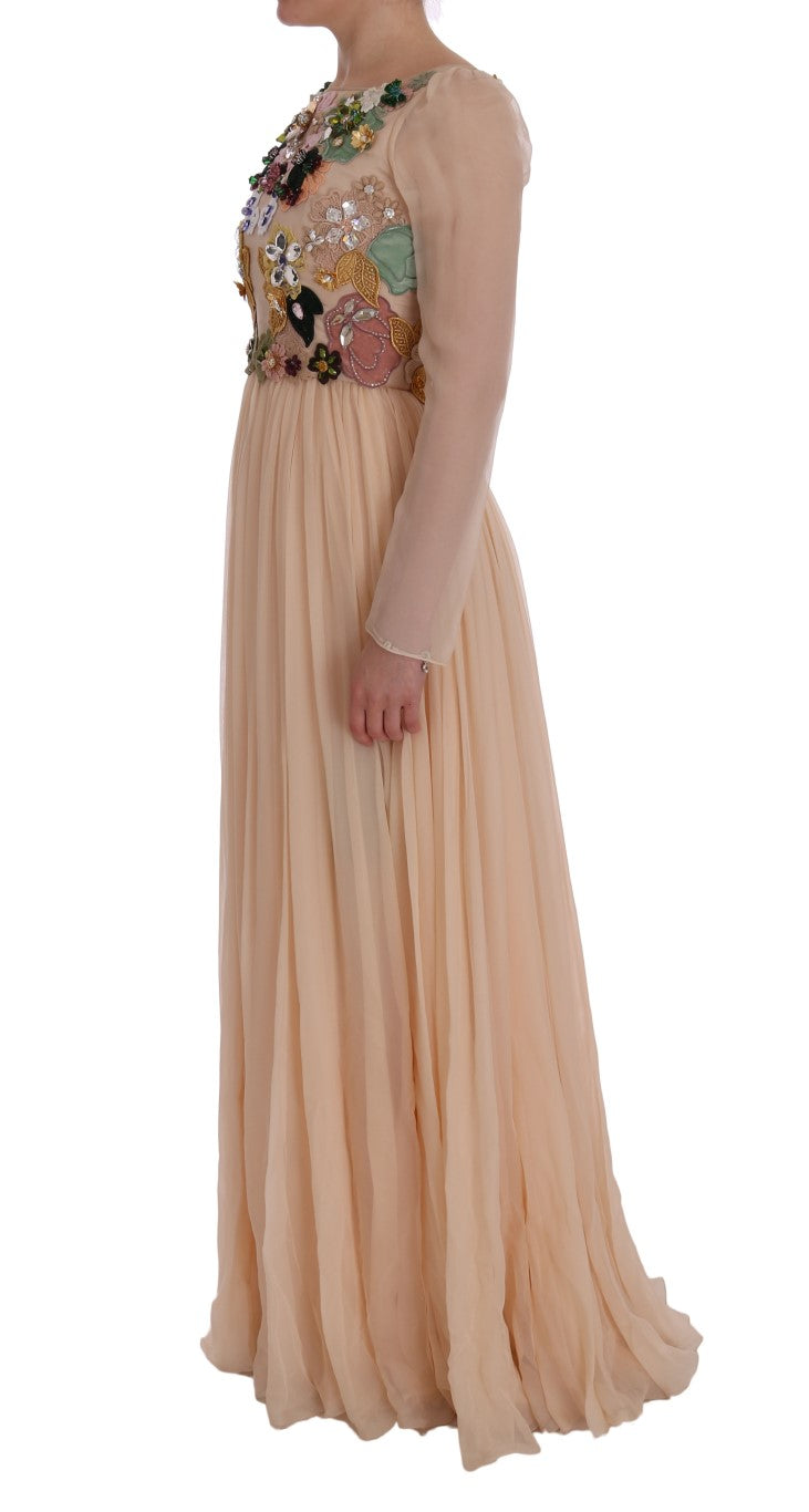 Robe longue en soie rose à motifs floraux et cristaux de Dolce & Gabbana