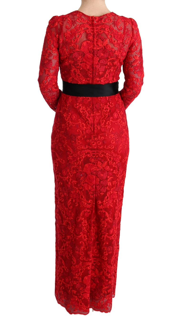 Robe longue moulante brodée à motifs floraux rouges de Dolce & Gabbana