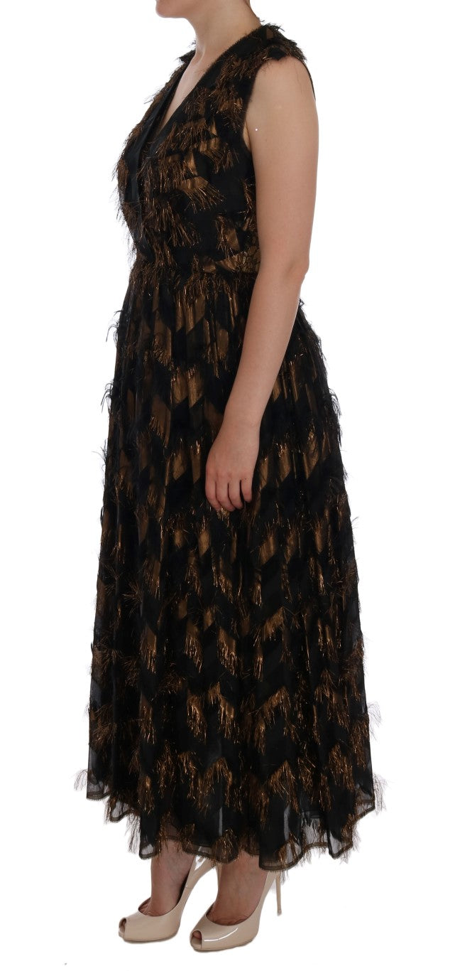 Robe trapèze en soie noire Dolce & Gabbana avec franges marrons
