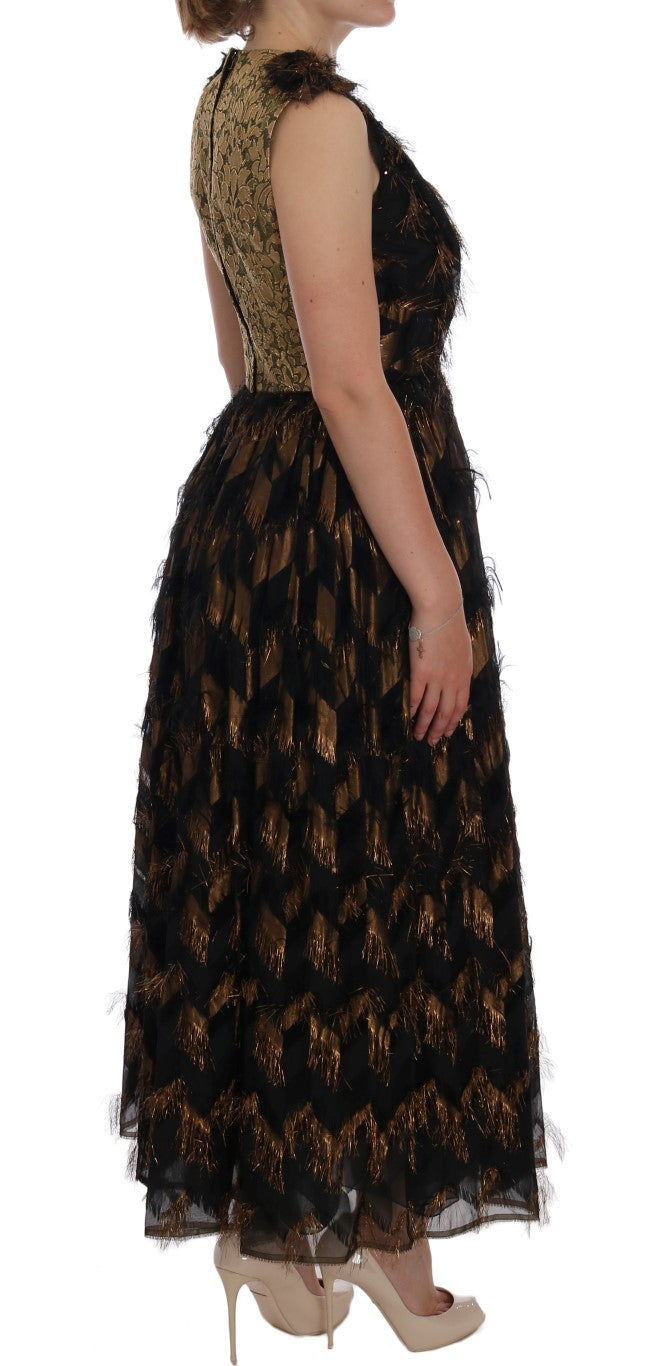Robe trapèze en soie noire Dolce & Gabbana avec franges marrons