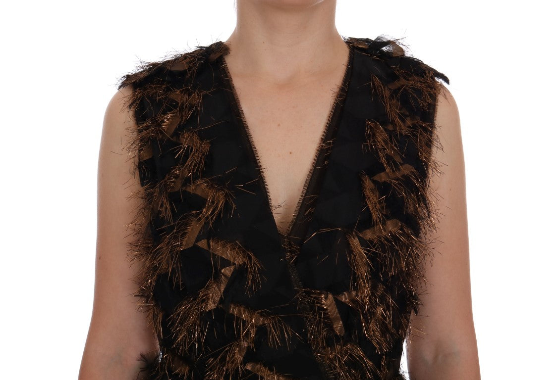 Robe trapèze en soie noire Dolce & Gabbana avec franges marrons