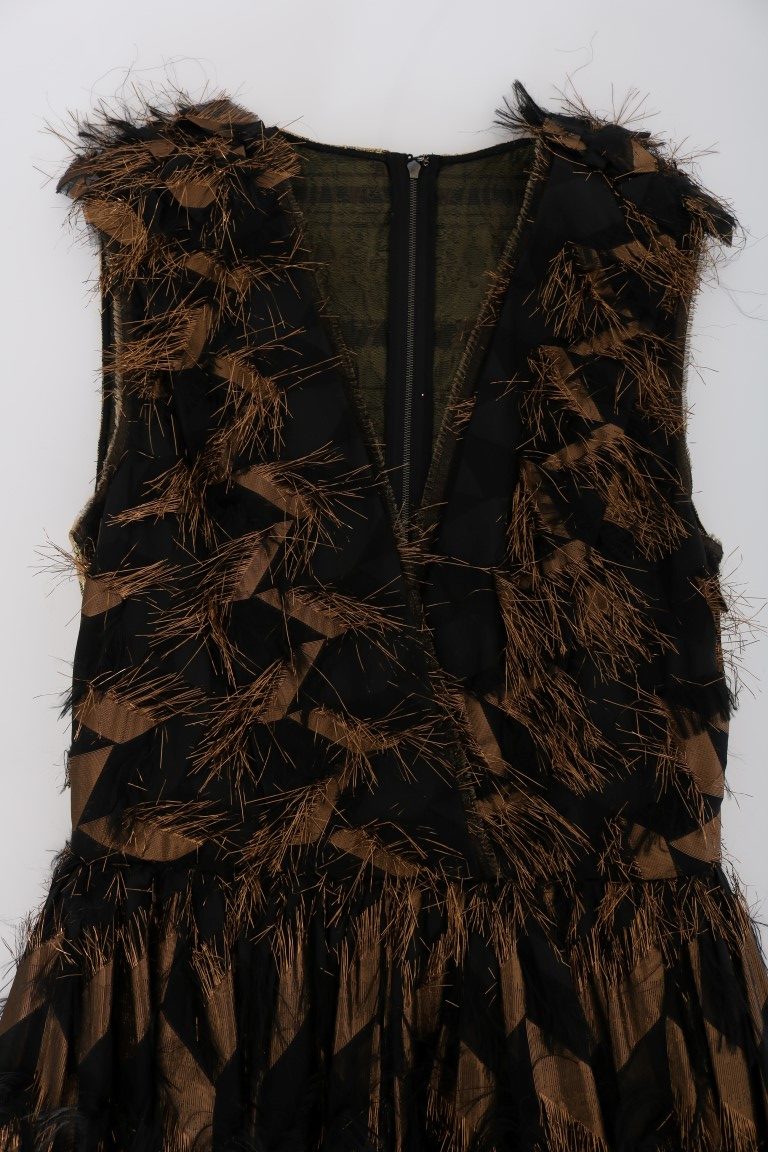 Robe trapèze en soie noire Dolce & Gabbana avec franges marrons