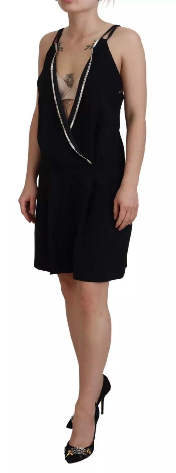Combinaison-robe noire sans manches à col en V et ornements de Dsquared²