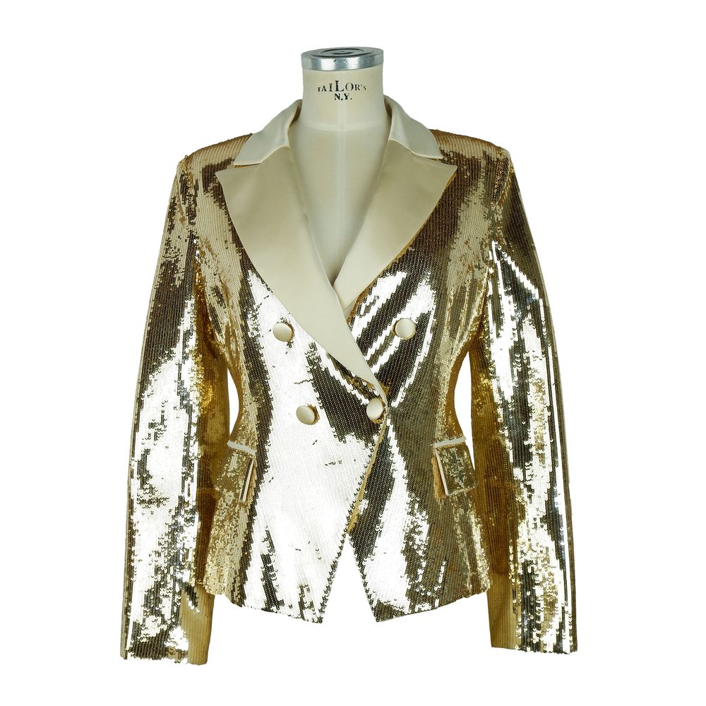 Elisabetta Franchi, veste jaune à paillettes, style chic, à double boutonnage.