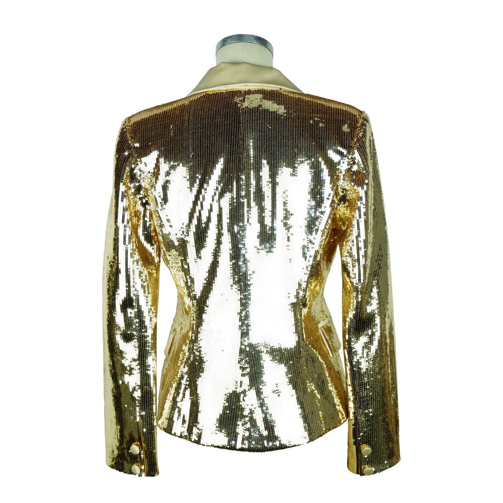 Elisabetta Franchi, veste jaune à paillettes, style chic, à double boutonnage.