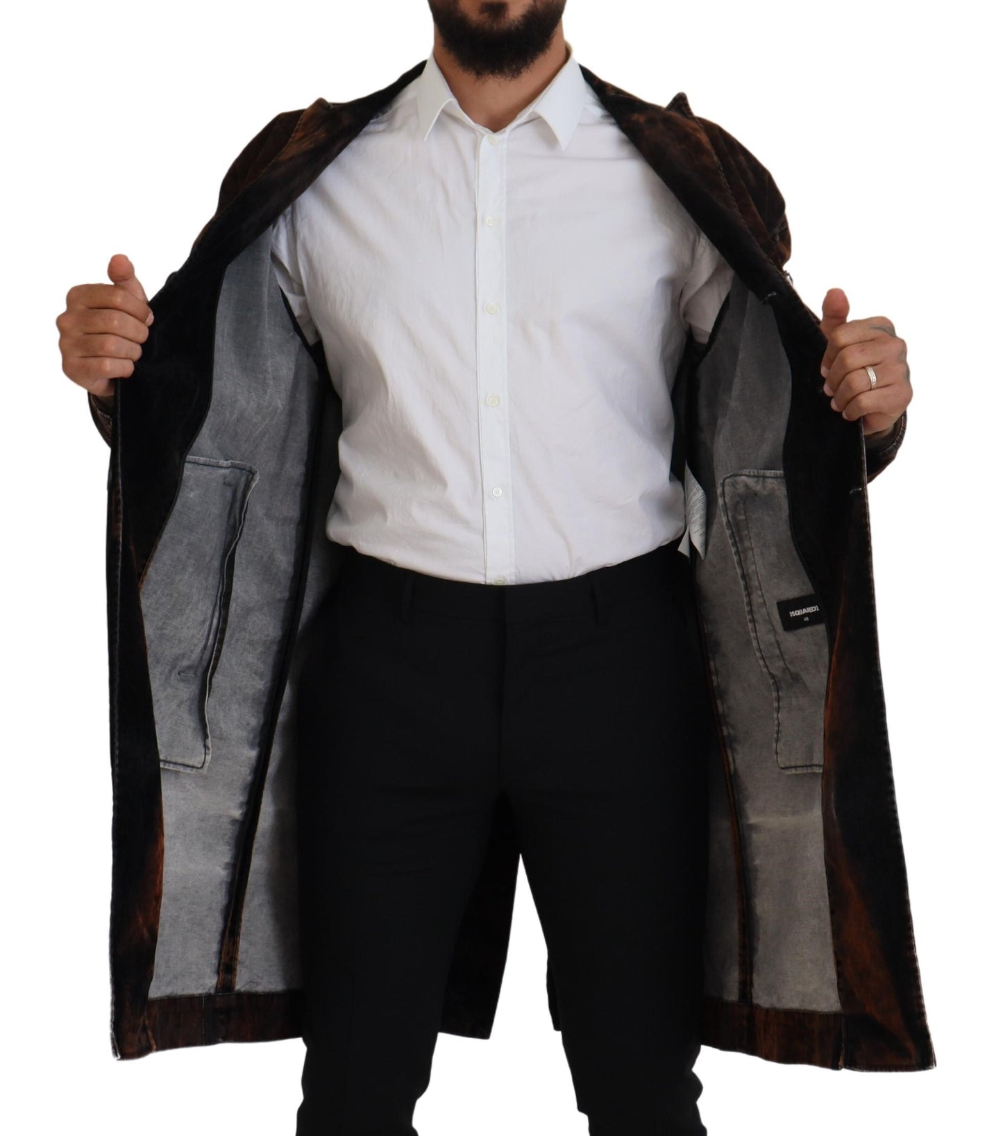 Manteau long en coton pour homme Dsquared², boutonné sur toute la longueur, couleur marron.