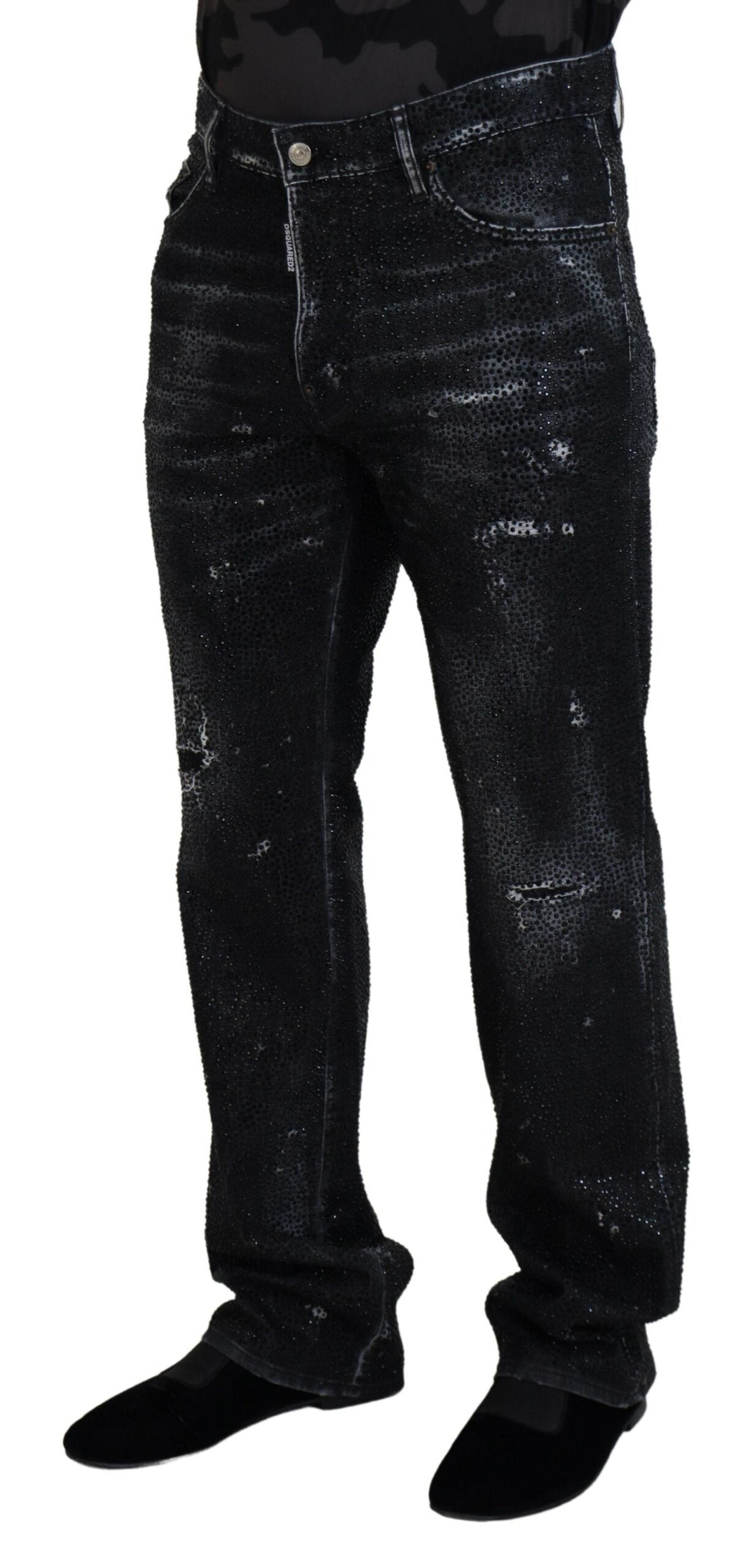 Dsquared² Zwarte, met kristallen versierde, versleten jeans