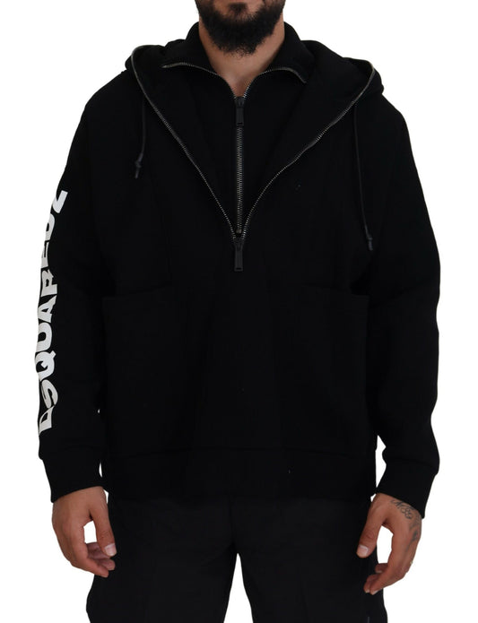 Dsquared² Zwarte Trui met Capuchon en Bedrukte Mouwen en Dubbele Ritssluiting