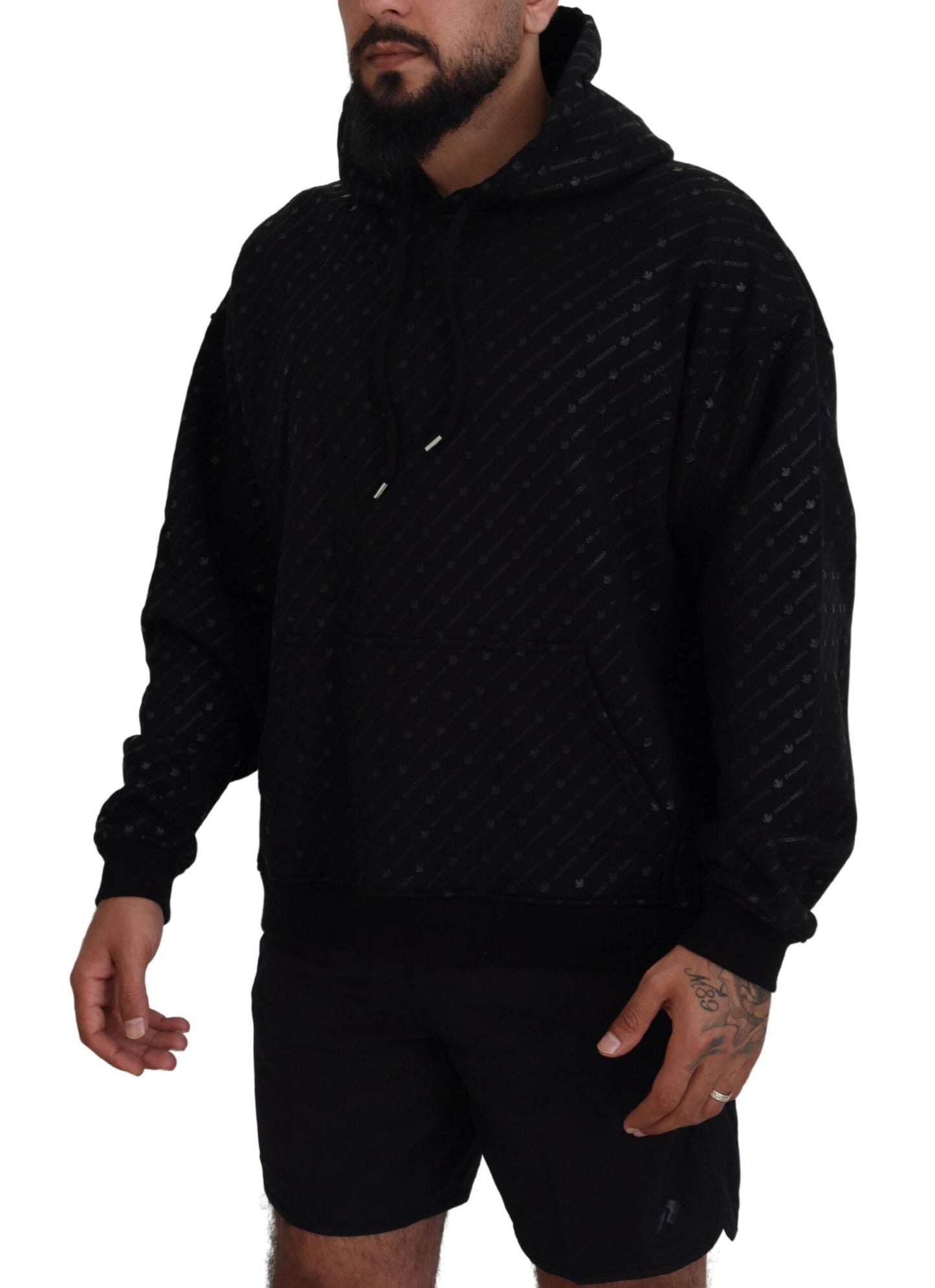 Pull à capuche noir en coton pour homme avec imprimé de la marque Dsquared²