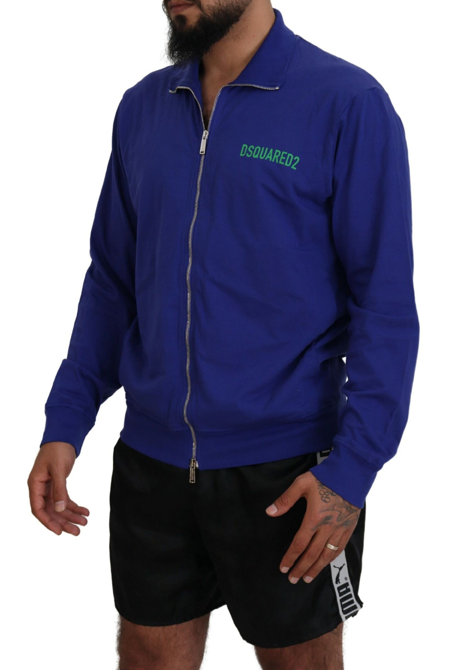 Pull à col montant à fermeture éclair pour homme en coton bleu imprimé Dsquared²