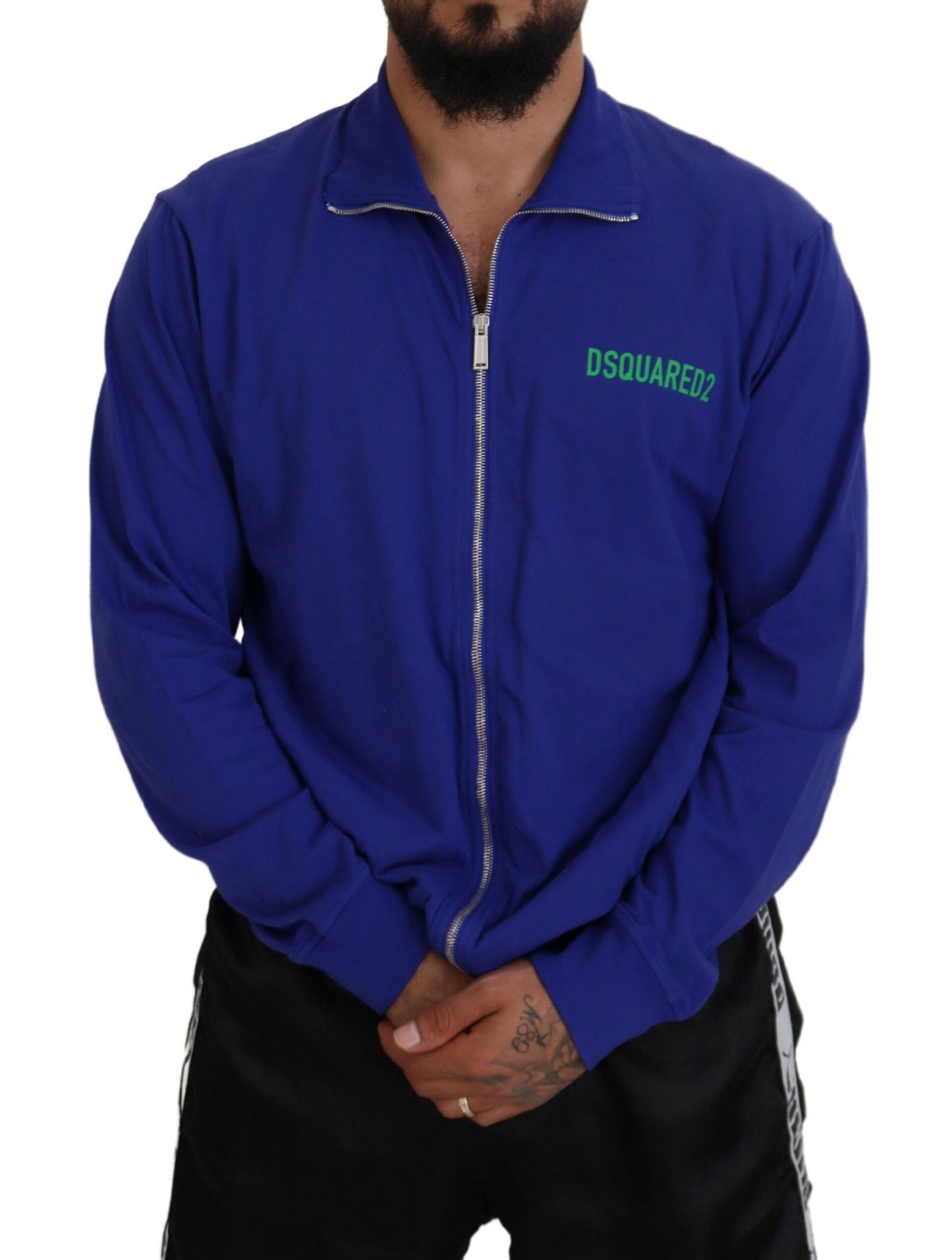 Pull à col montant à fermeture éclair pour homme en coton bleu imprimé Dsquared²