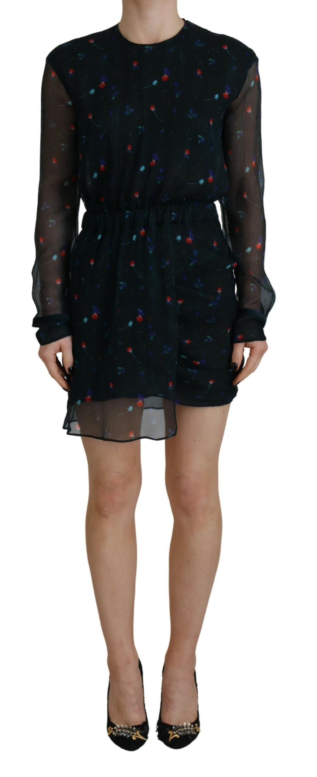 Mini-robe portefeuille en soie noire à manches longues et motifs floraux de Dsquared²