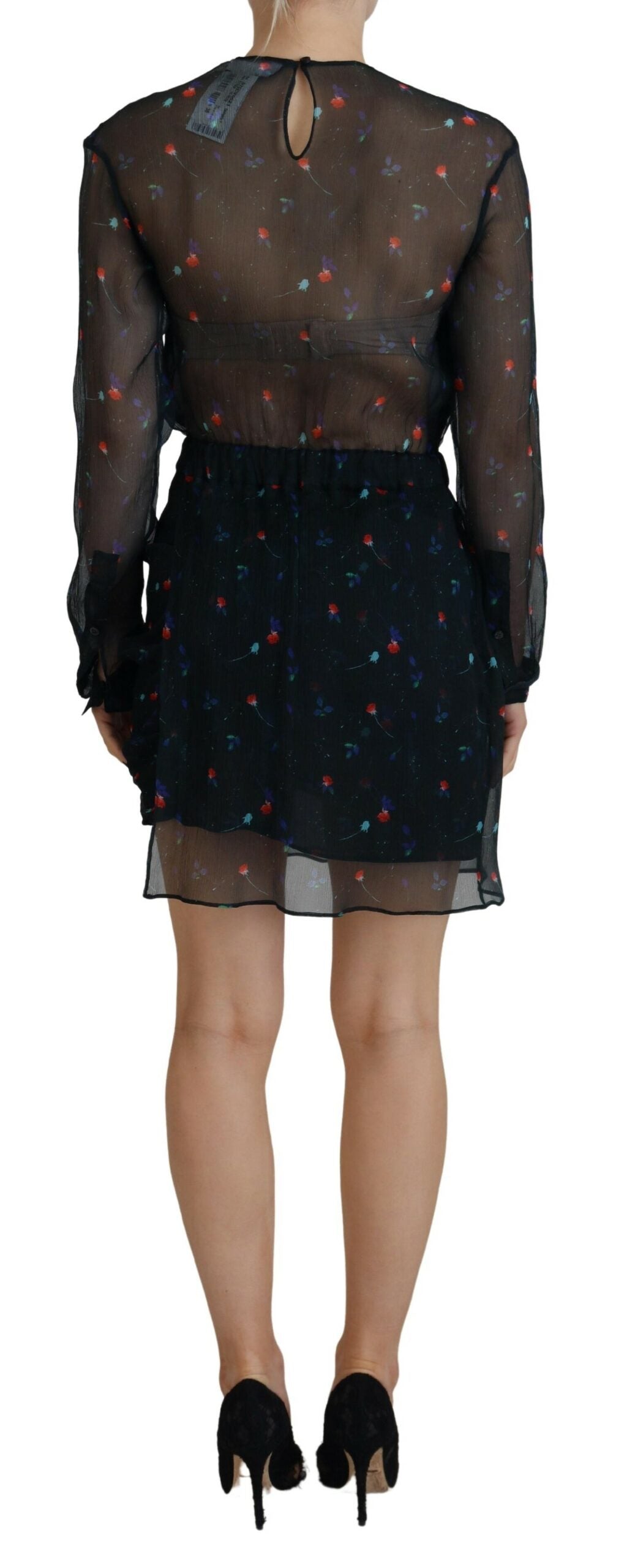 Mini-robe portefeuille en soie noire à manches longues et motifs floraux de Dsquared²