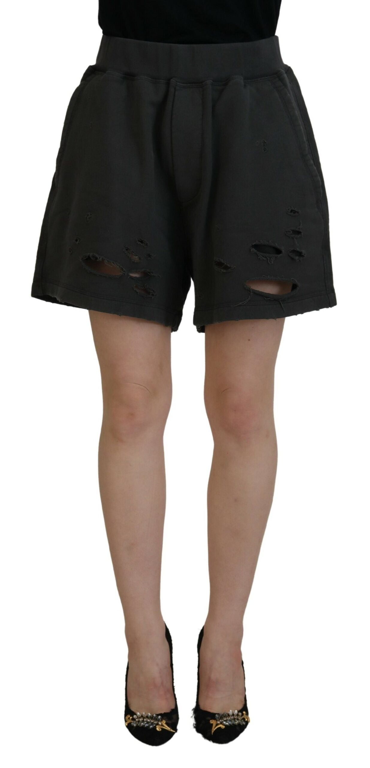 Shorts en coton noir taille mi-hauteur, délavés et effilochés, Dsquared²