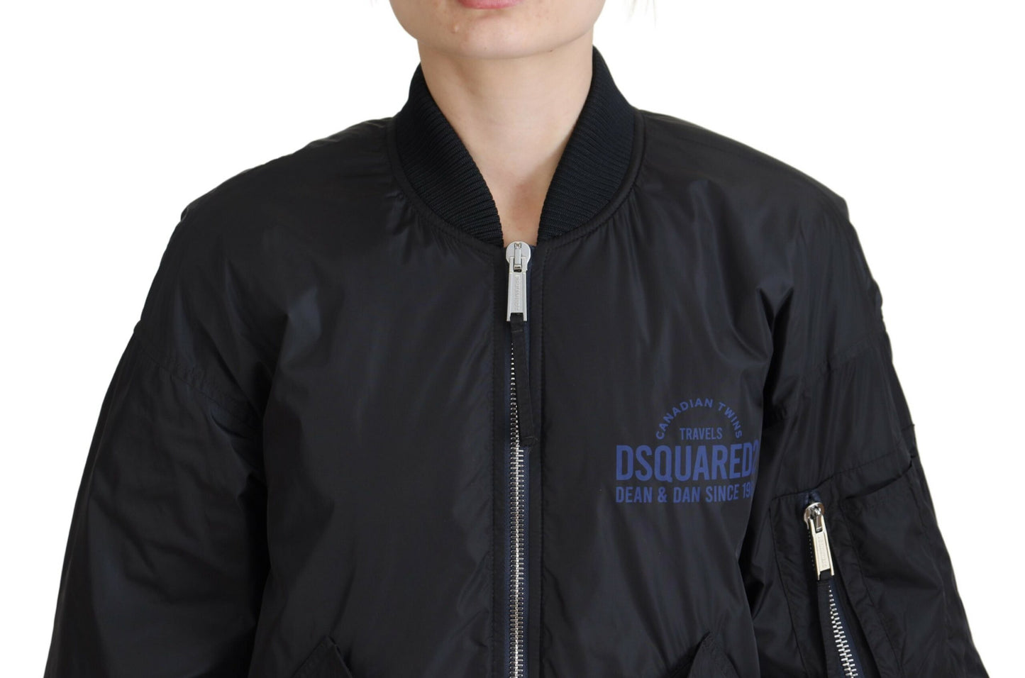 Dsquared² Veste bomber à fermeture éclair pour femme, imprimé logo noir.